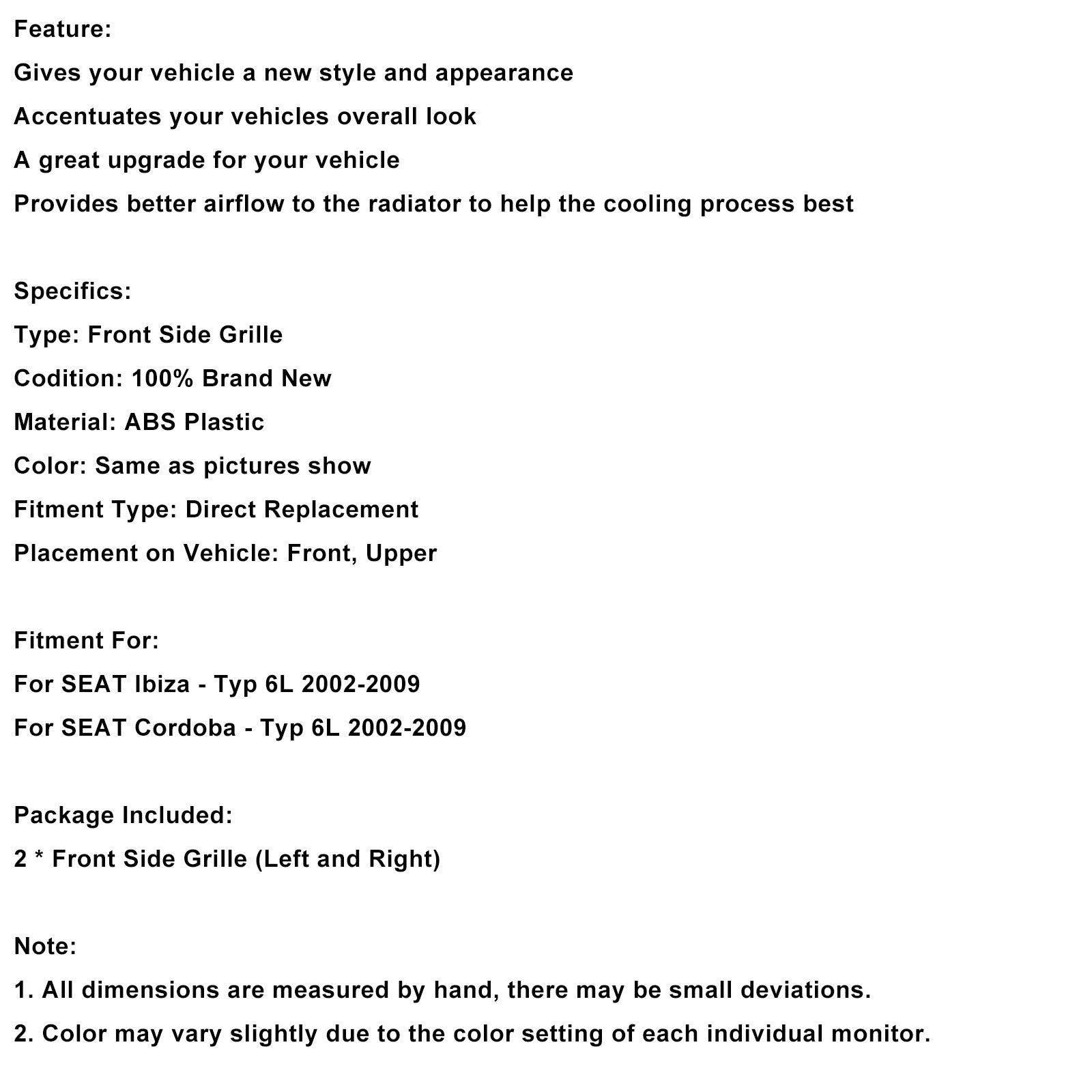 2002-2009 Seat Ibiza Cordoba 6L 2PCS Honeycomb Front Grille Grill FR