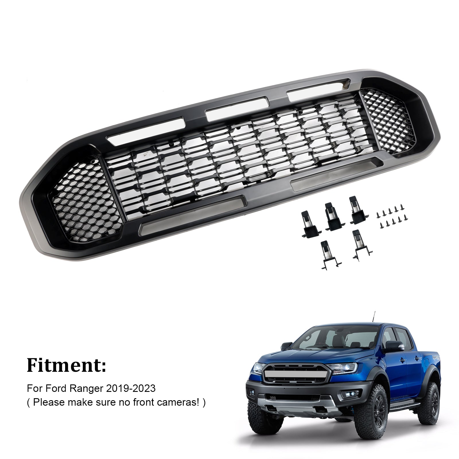 Black Front Bumper Grill Grille Fit Ford Ranger T8 2019-2023 W/LED Light