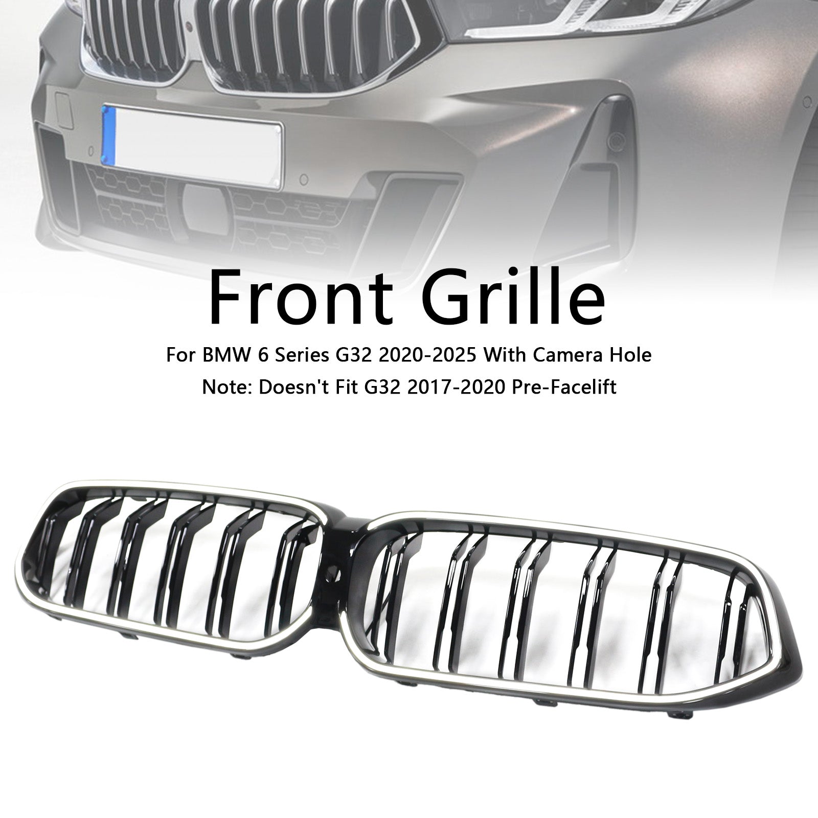 Double Slat Black Front Kidney Grill Grille Fit BMW 6 Series G32 2020-2025