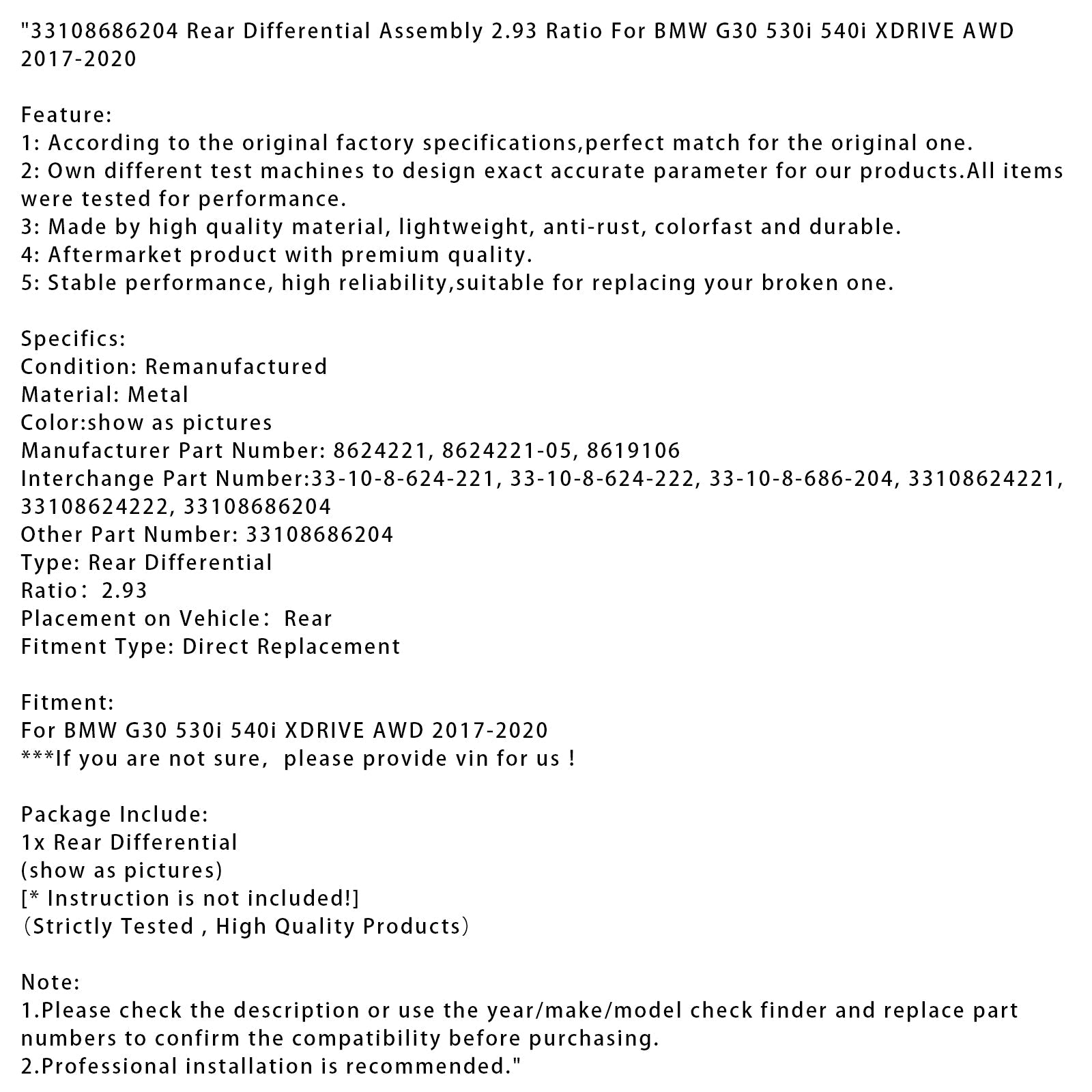 2017-2020 BMW G30 530i 540i XDRIVE Rear Differential Assembly 2.93 Ratio 33108686204