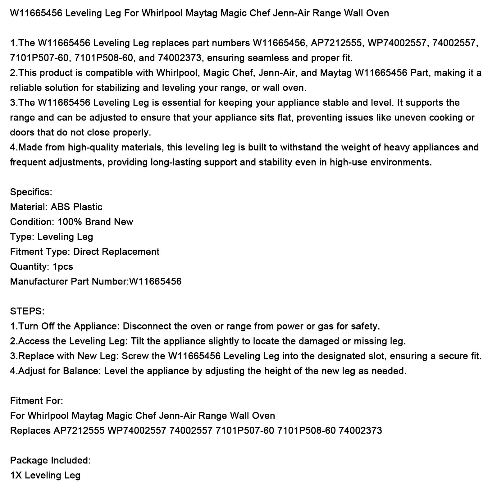 W11665456 Leveling Leg For Maytag Magic Chef Jenn-Air Range Wall Oven