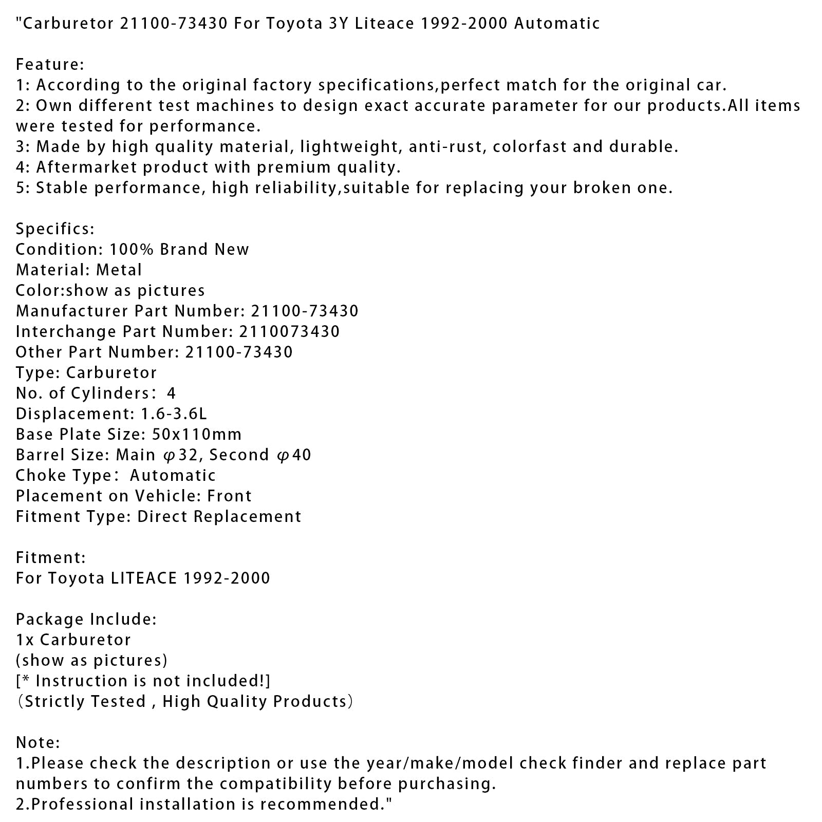 1992-2000 Toyota 3Y Liteace Automatic Carburetor 21100-73430