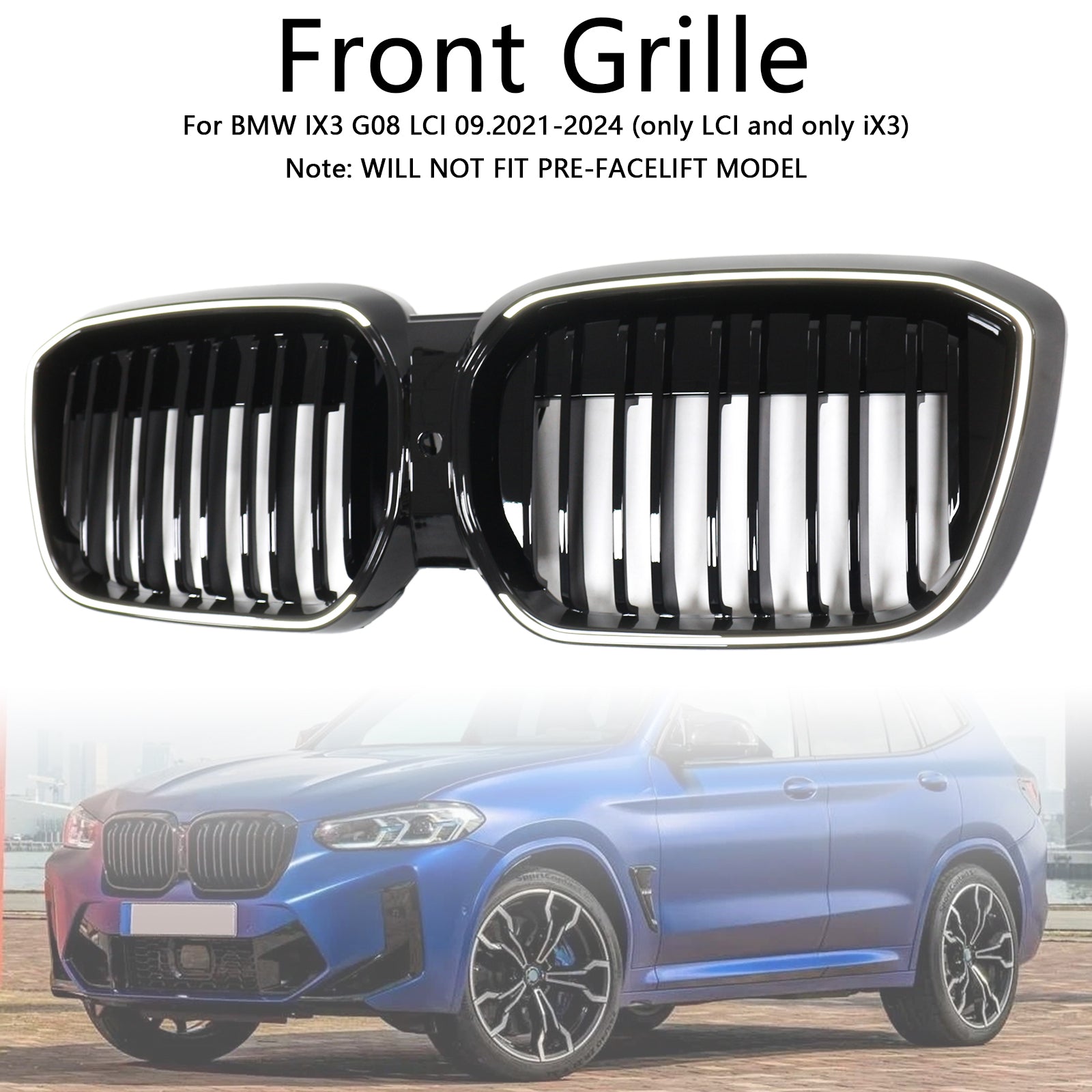 Double Slat Gloss Black Front Kidney Grill Grille Fit BMW IX3 G08 LCI 2022-2024