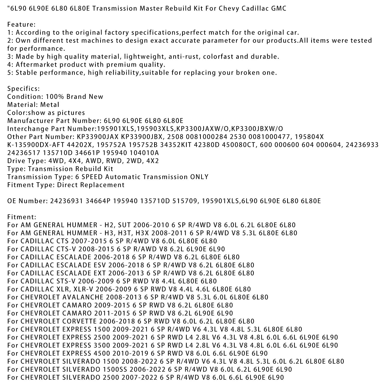 2009-2011 CHEVROLET VAN 3500 (FULL SIZE) 6 SP R/4WD V8 4.8L 5.3L 6L90E 6L80 6L80E Transmission Master Rebuild