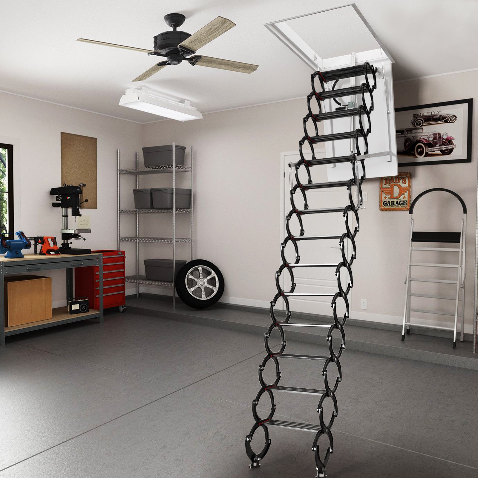13 Steps Electirc Acctic Ladder Aluminum Folding 11.8FT Remote For Loft Home