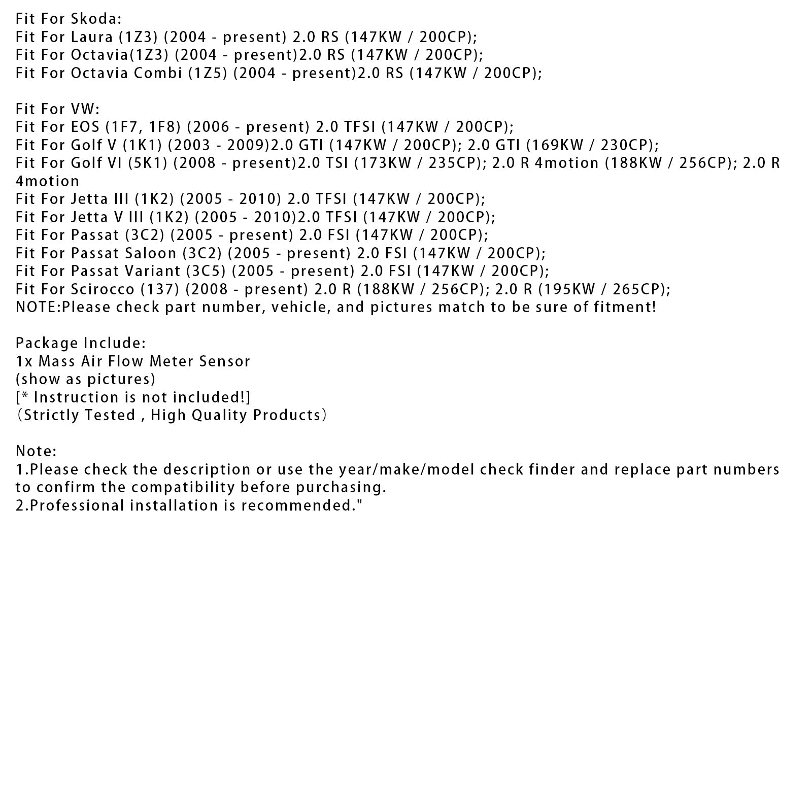 Mass Air Flow Meter Sensor For Audi A4 B7 S3 TT VW Golf GTI 2.0T 06F906461A
