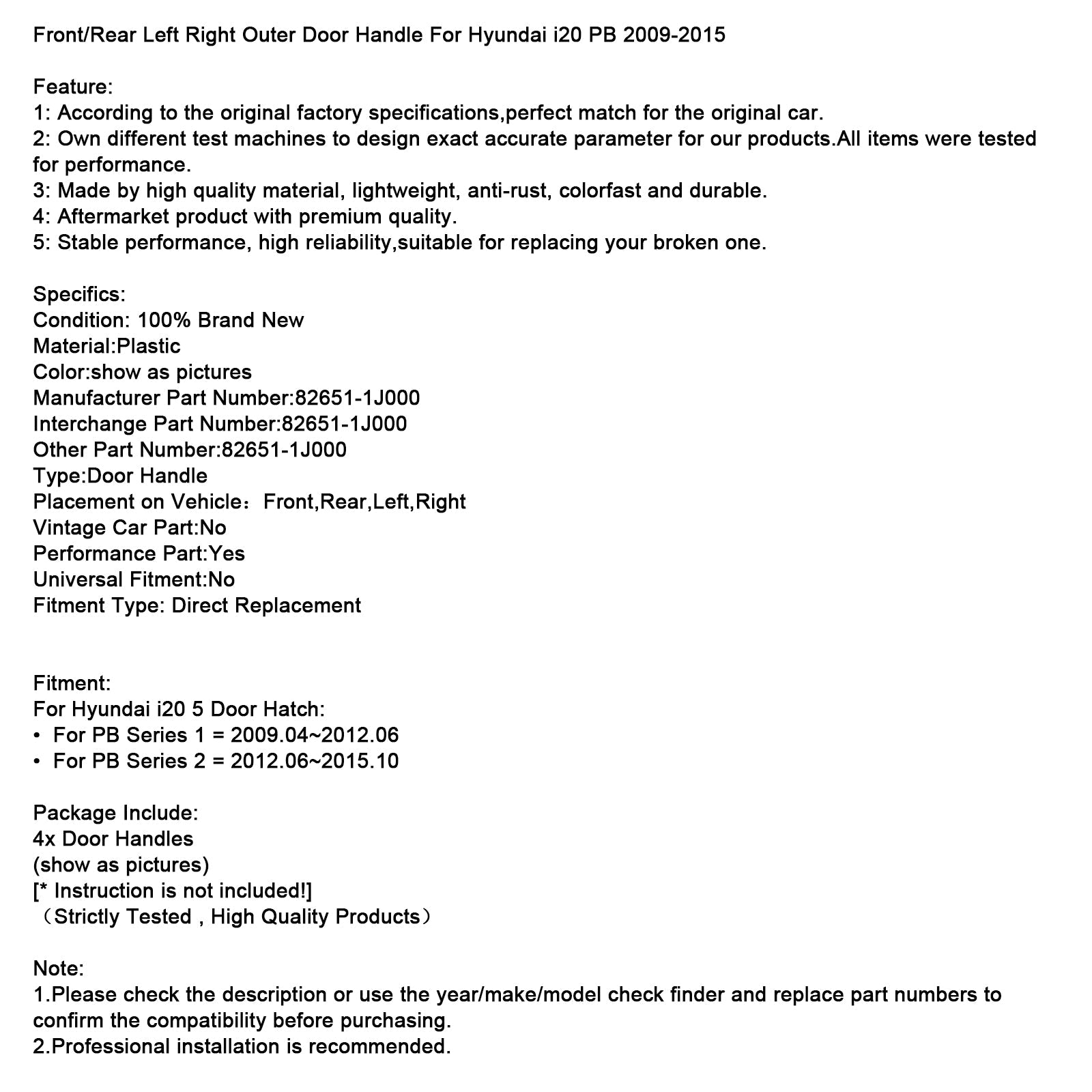 4Pcs Front/Rear Left Right Outer Door Handle For Hyundai i20 PB 2009-2015