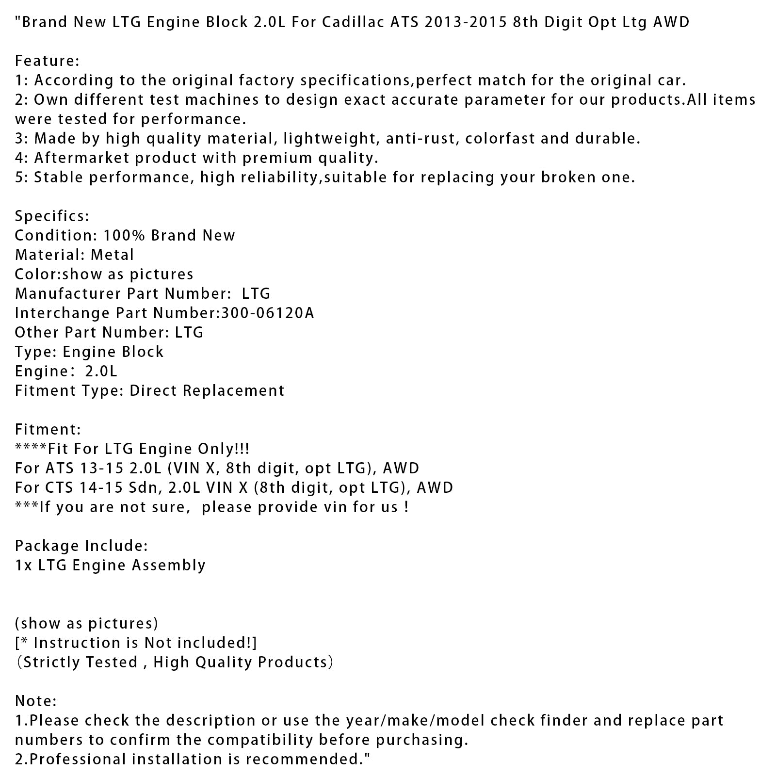 Brand New LTG Engine Block 2.0L For Cadillac ATS 2013-2015 8th Digit Opt Ltg AWD
