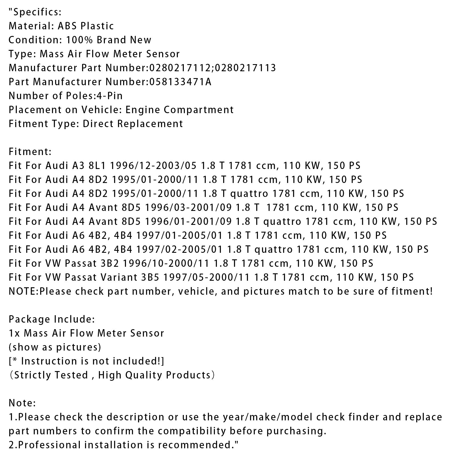 Mass Air Flow Meter Sensor For Audi A3 A4 VW Passat 1.8T 0280217112