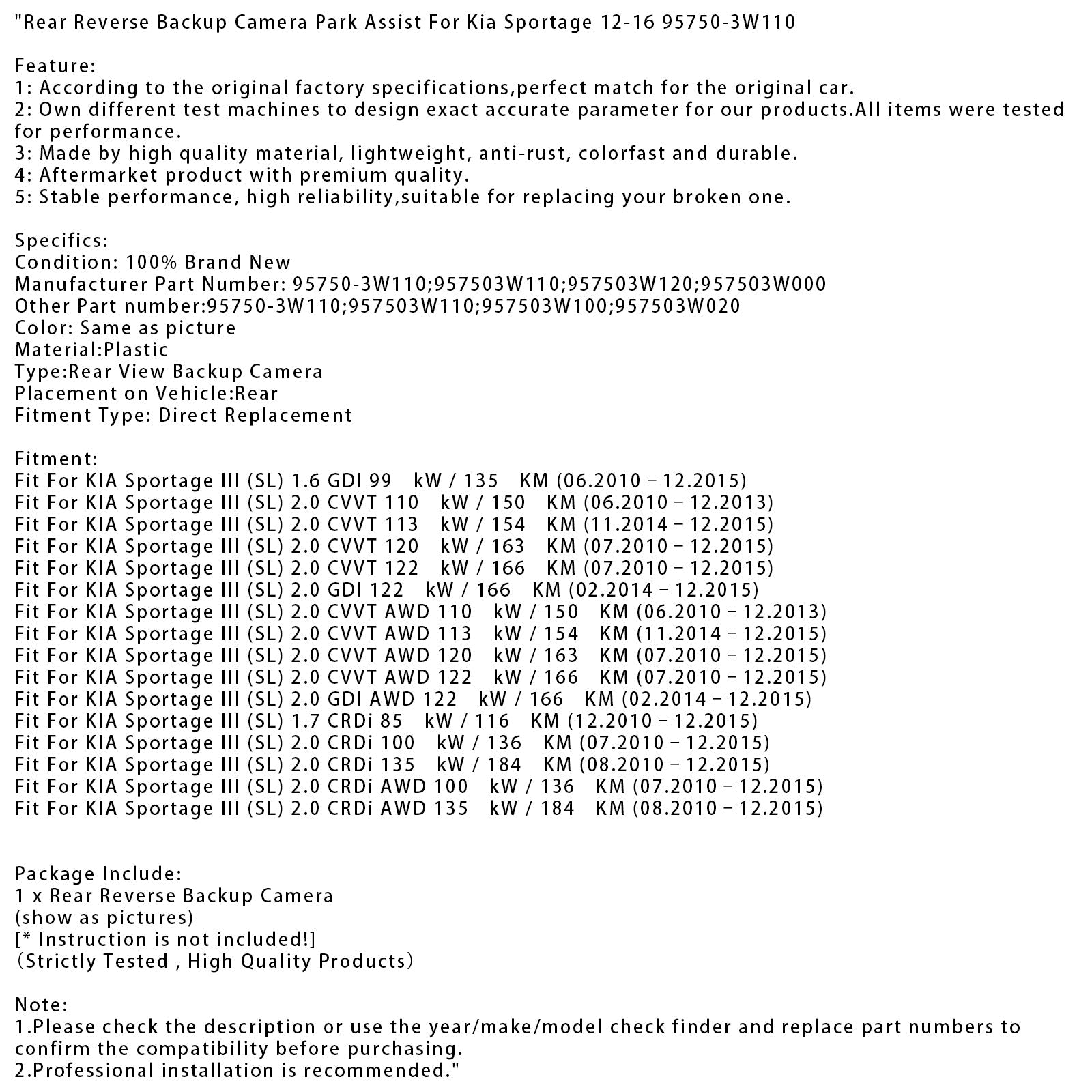 Rear Reverse Backup Camera Park Assist For Kia Sportage 12-16 95750-3W110