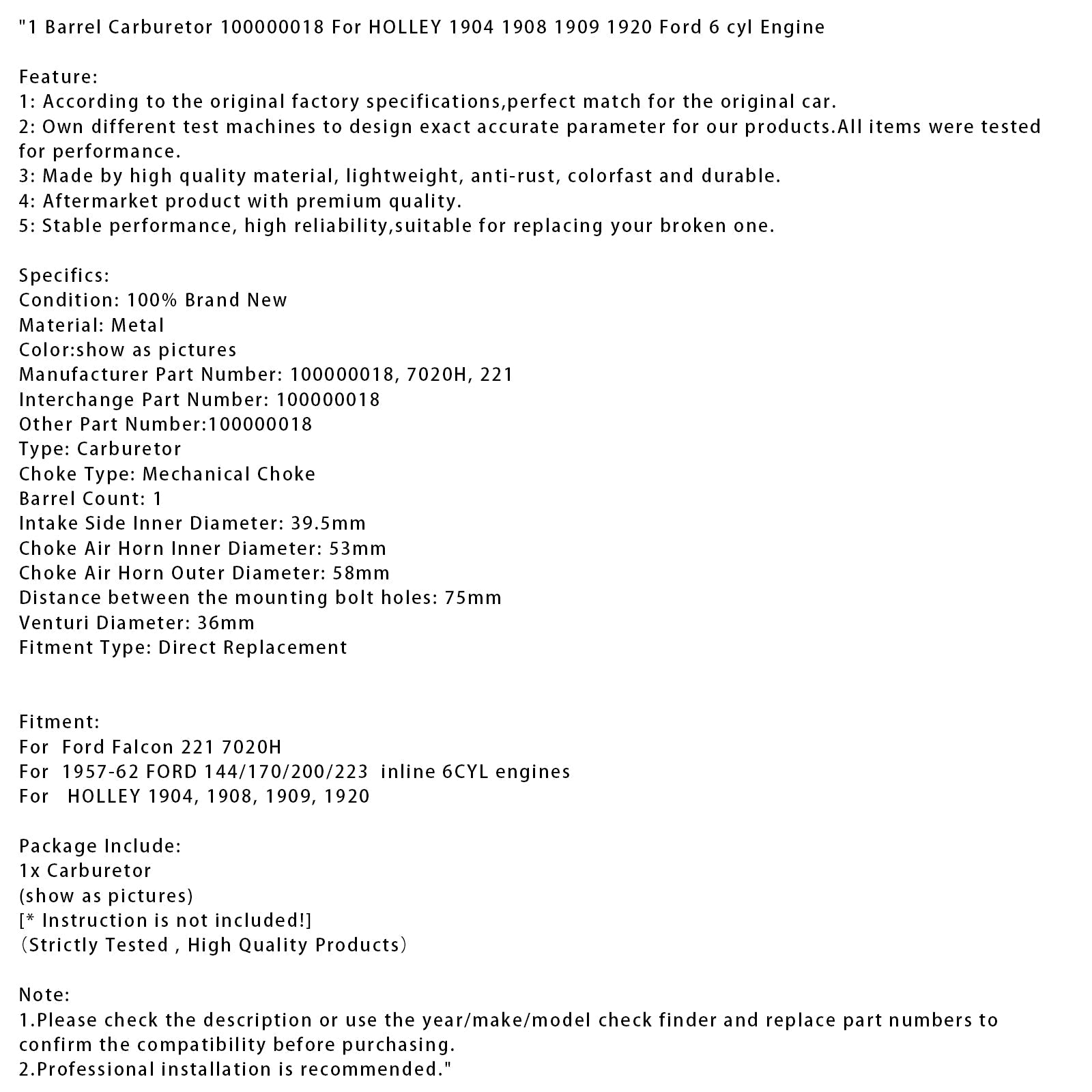 1957-1962 FORD 144/170/200/223 inline 6CYL engines 1 Barrel Carburetor 100000018