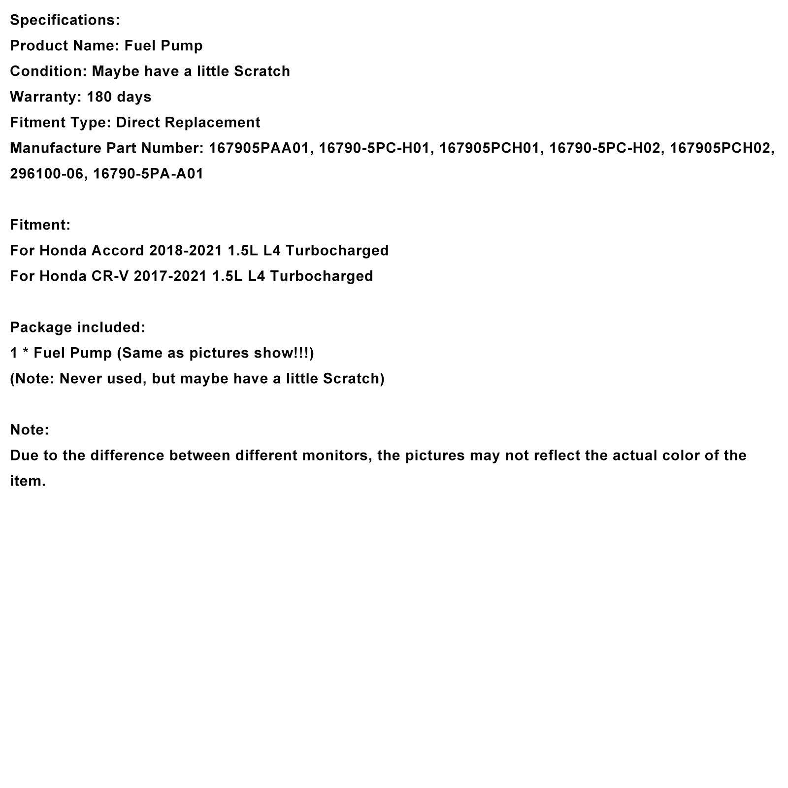 2017-2021 Honda CR-V 1.5L L4 Turbocharged Turbocharged High Pressure Fuel Pump 16790-5PC-H01 296100-06 167905PCH02