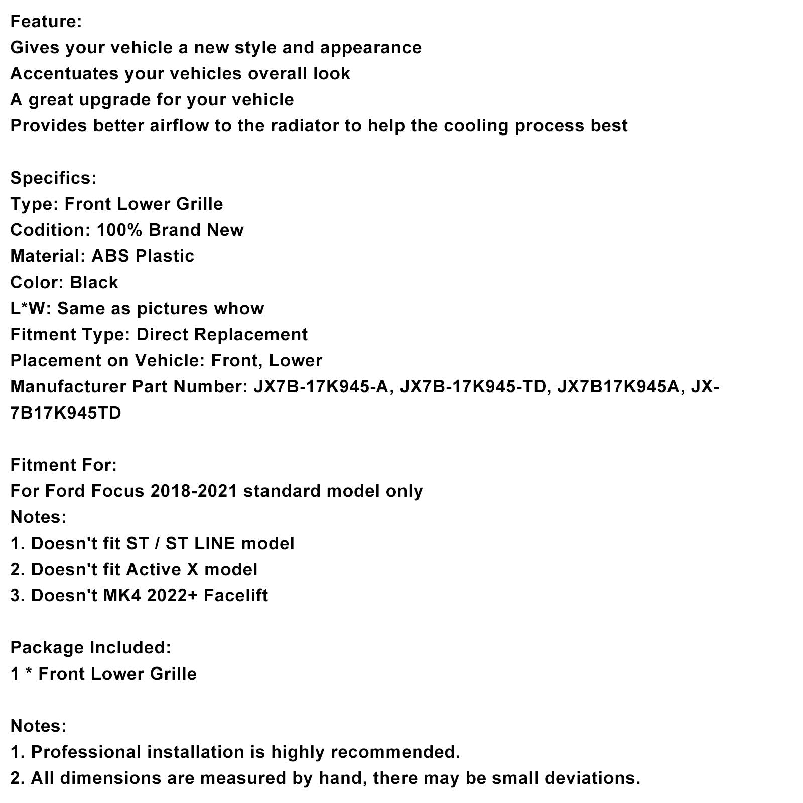 2018-2021 Ford Focus MK4 St Style Front Bumper Lower Grill Grille Black