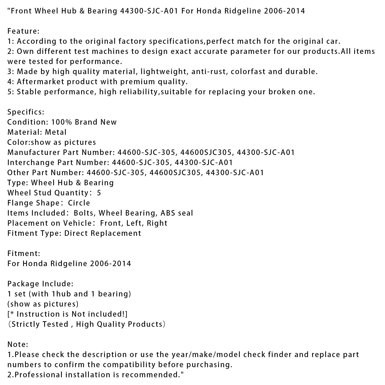 2006-2014 Honda Ridgeline Front Wheel Hub & Bearing 44300-SJC-A01