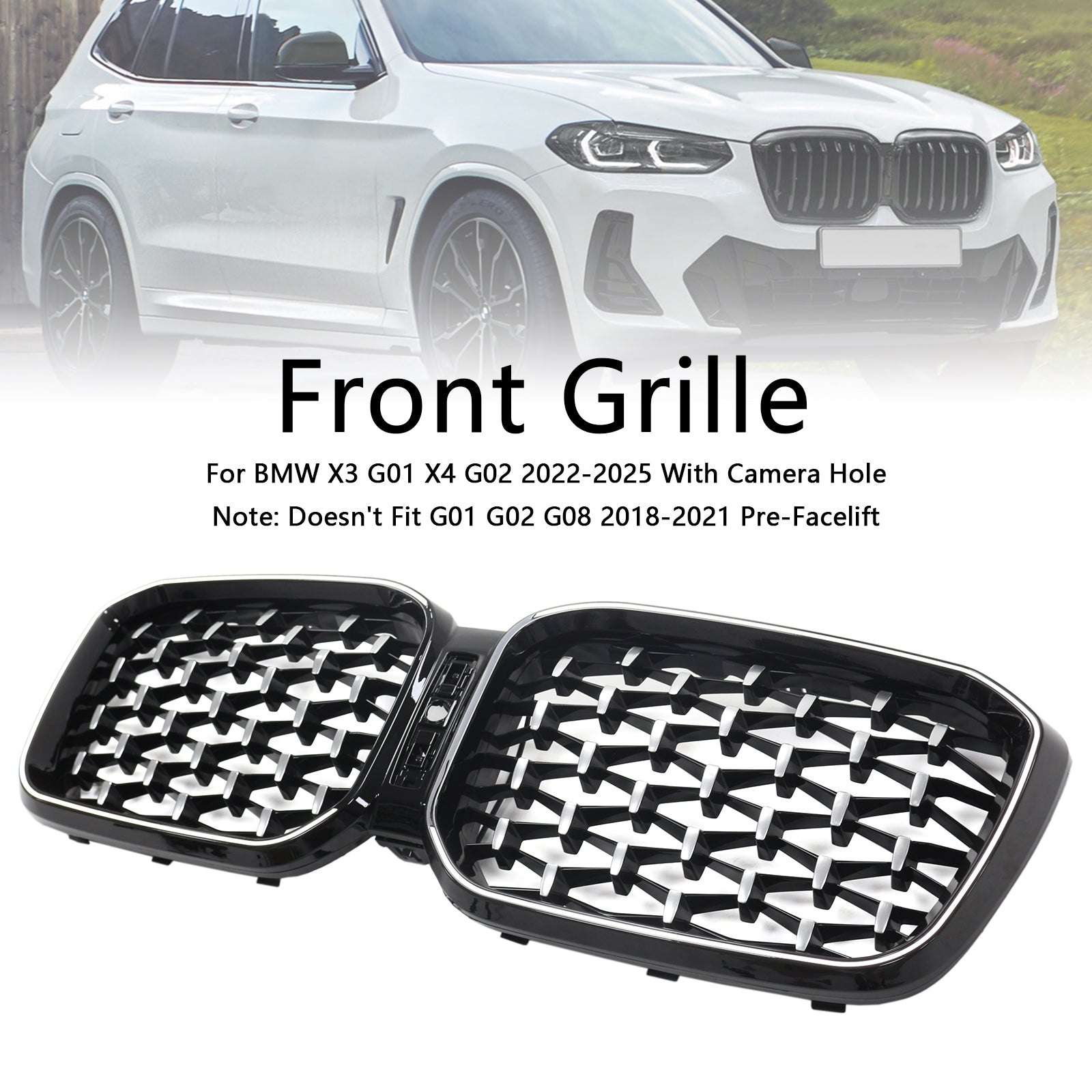Diamond Front Bumper Kidney Grille Fit BMW X3 G01 X4 G02 2022-2025 Chorme