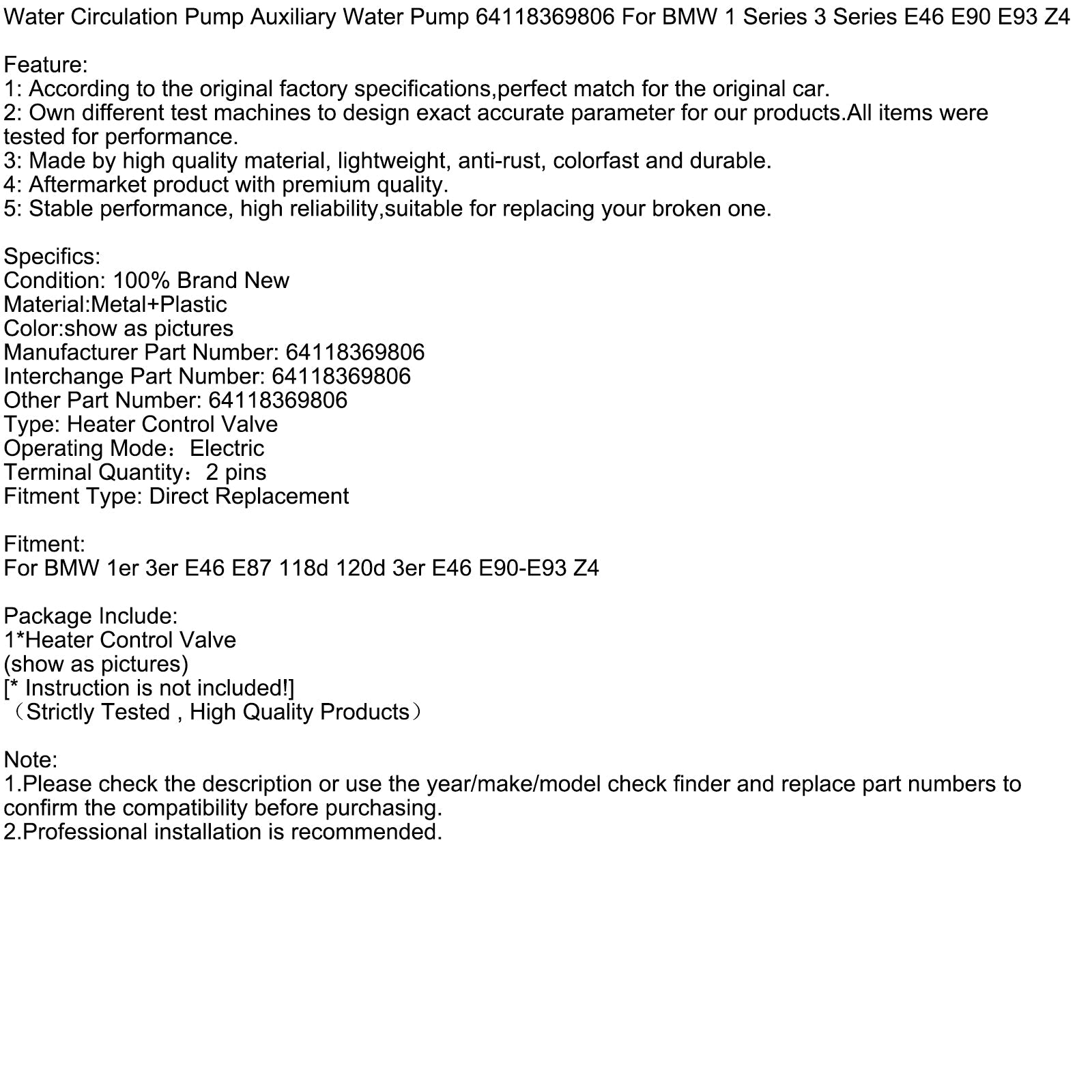 BMW 1er 3er E46 E87 118d 120d 3er E46 E90-E93 Z4 Water Circulation Pump Auxiliary Water Pump 64118369806