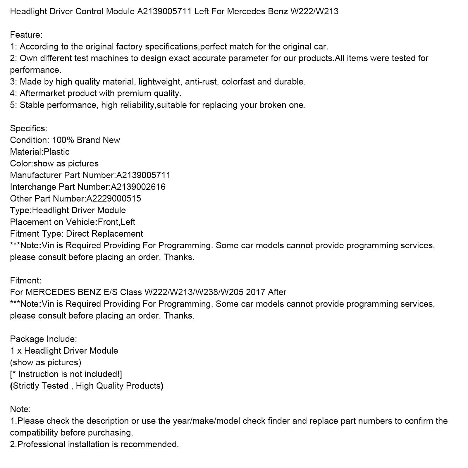 2017+ MERCEDES BENZ E/S Class W222/W213/W238/W205 Headlight Driver Control Module A2139005711 Left