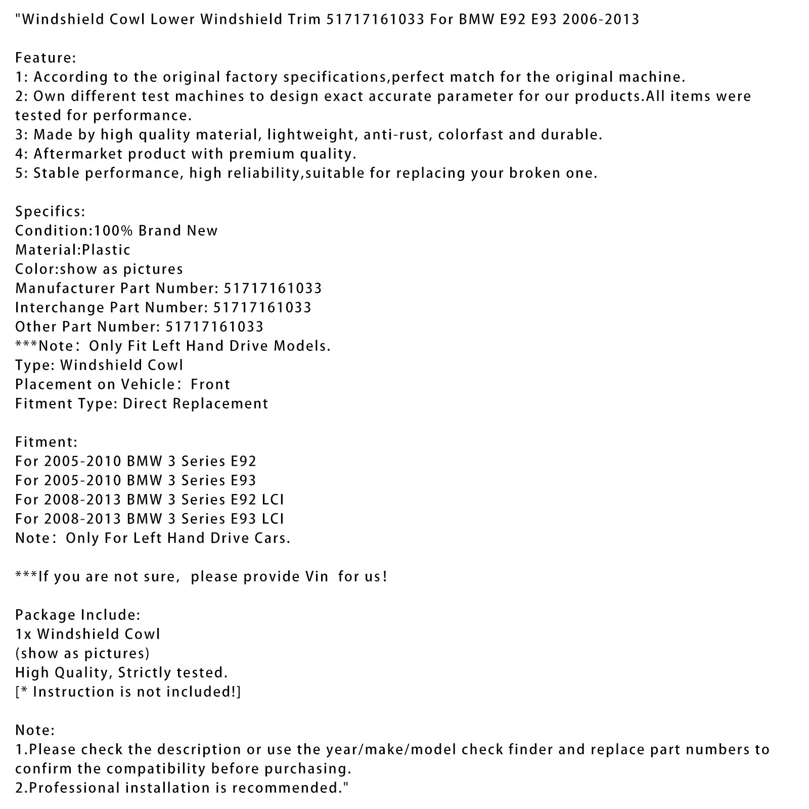 2005-2010 BMW 3 Series E93 Windshield Cowl Lower Windshield Trim 51717161033