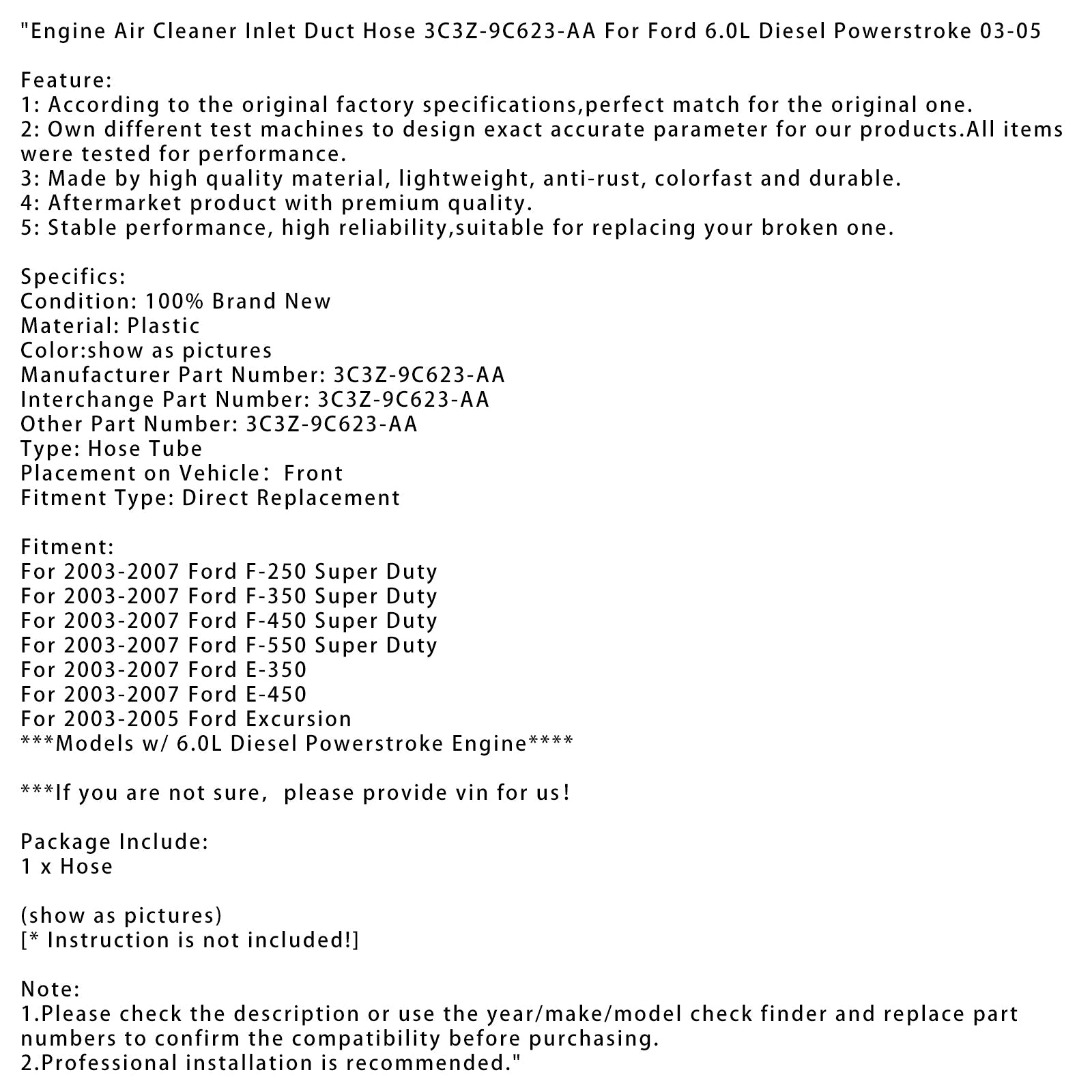 Engine Air Cleaner Inlet Duct Hose 3C3Z-9C623-AA For Ford 6.0L Diesel 03-05
