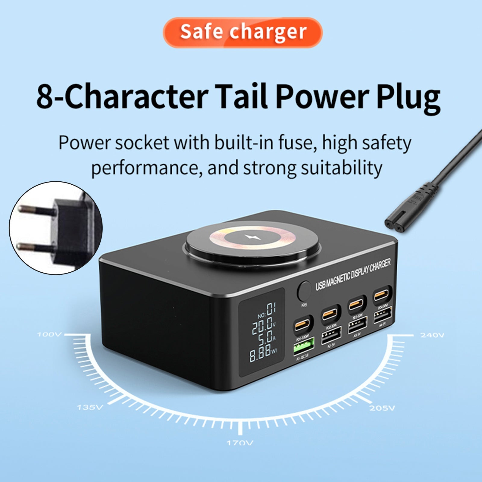 140W Fast Charging Charger Intelligent Digital Display PD100W Mobile Phone Notebook Magnetic Wireless Charging Multi-Port USB Charger EU Plug