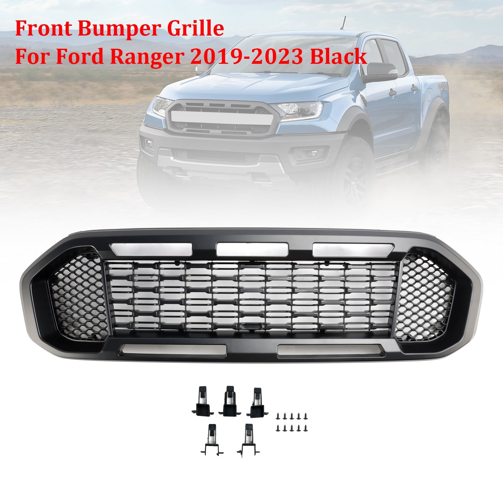 Black Front Bumper Grill Grille Fit Ford Ranger T8 2019-2023 W/LED Light