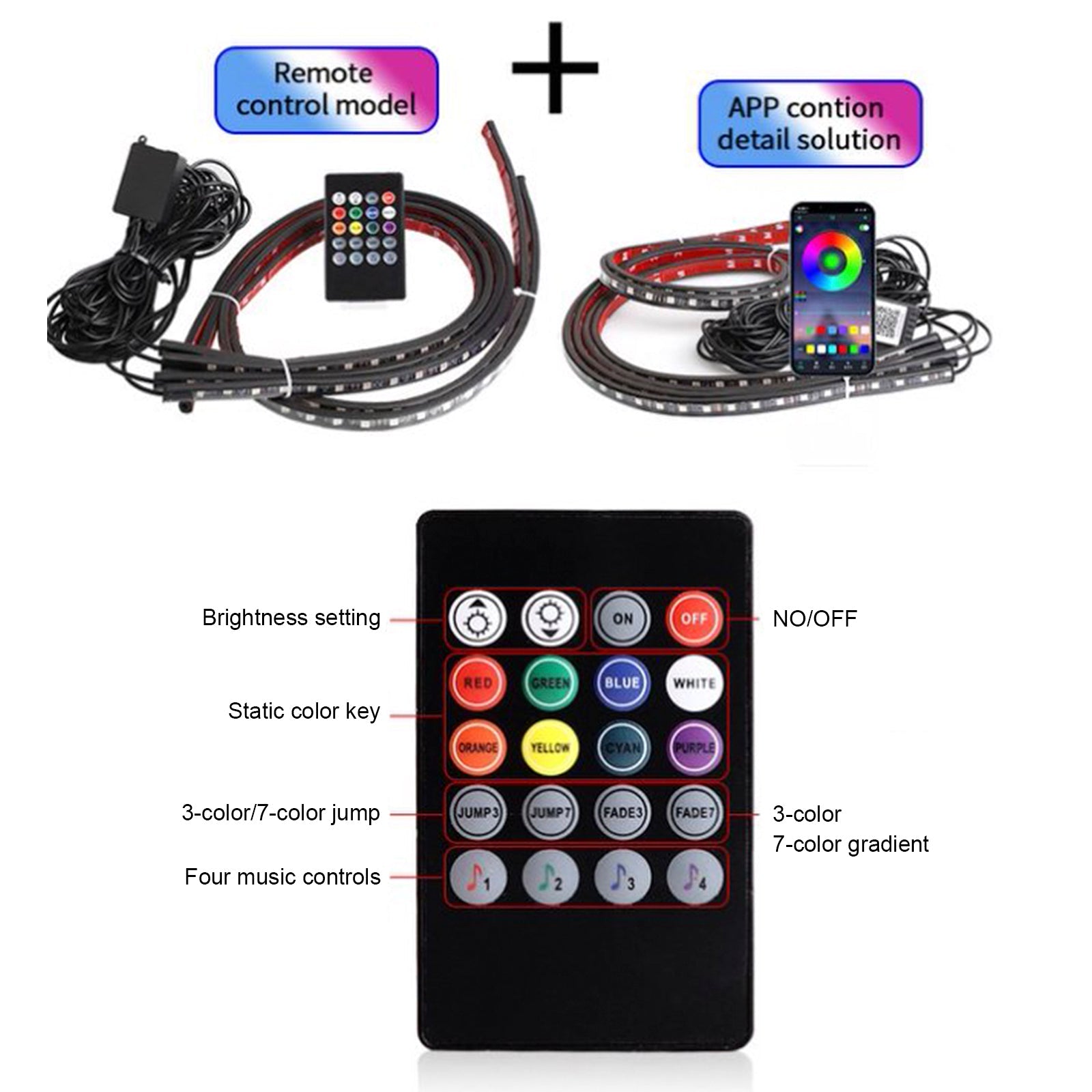 4Pcs LED Chassis Light Modified With Fantasy Ambient Light APP+Remote Control 120*2+150*2 cm