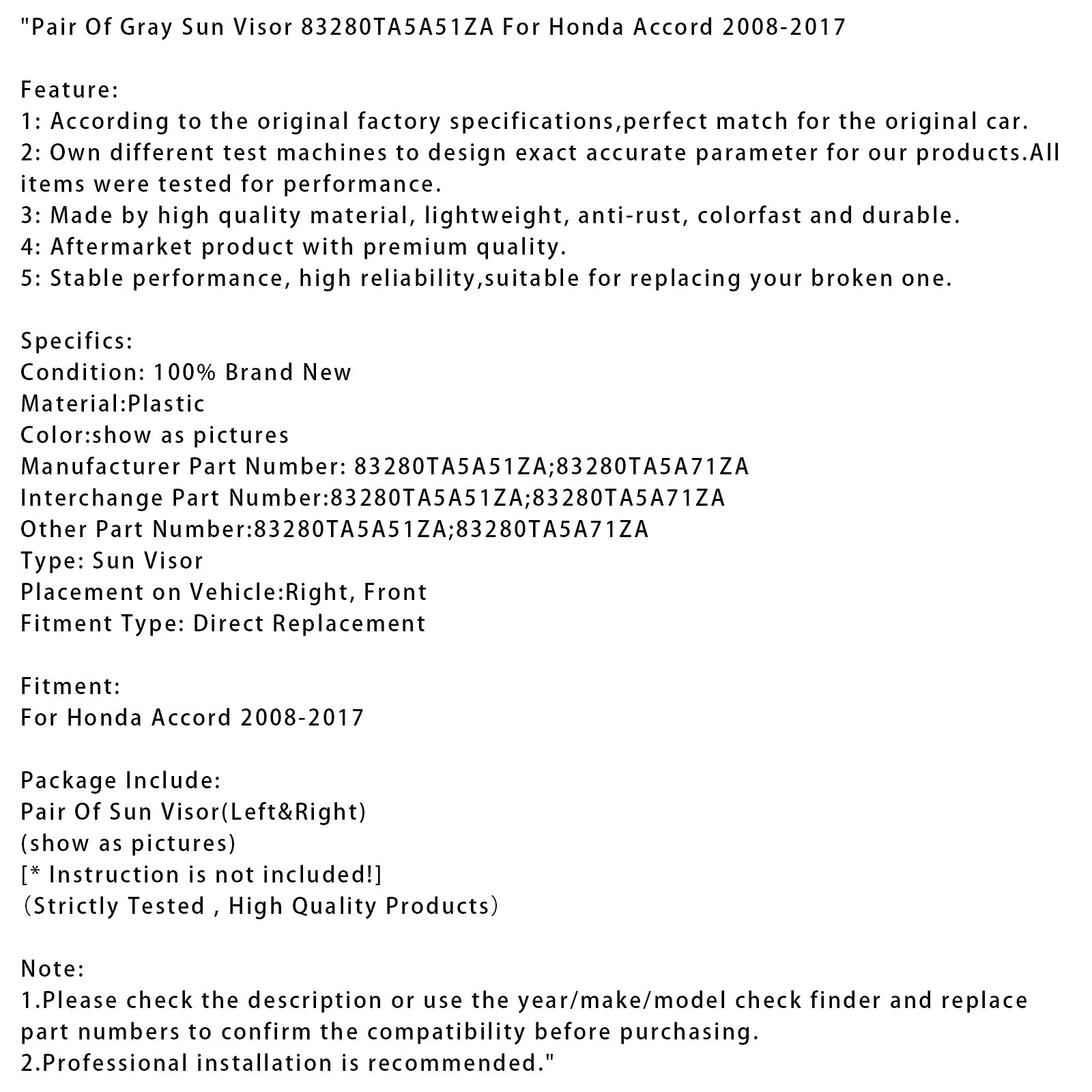 Pair Of Gray Sun Visor 83280TA5A51ZA For Honda Accord 2008-2017