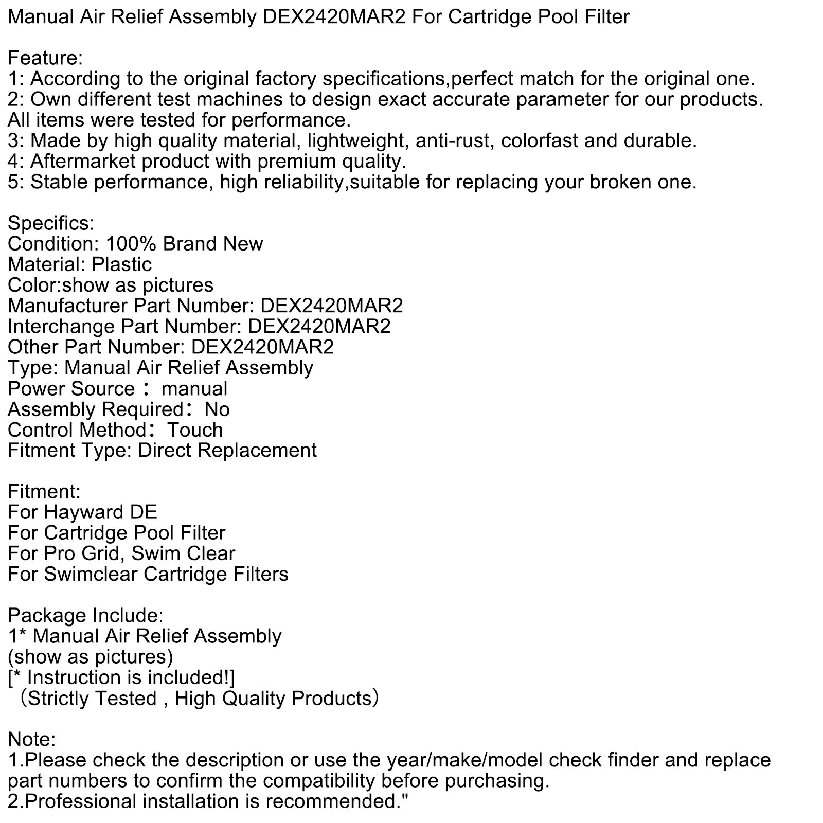 Manual Air Relief Assembly DEX2420MAR2 For Cartridge Pool Filter