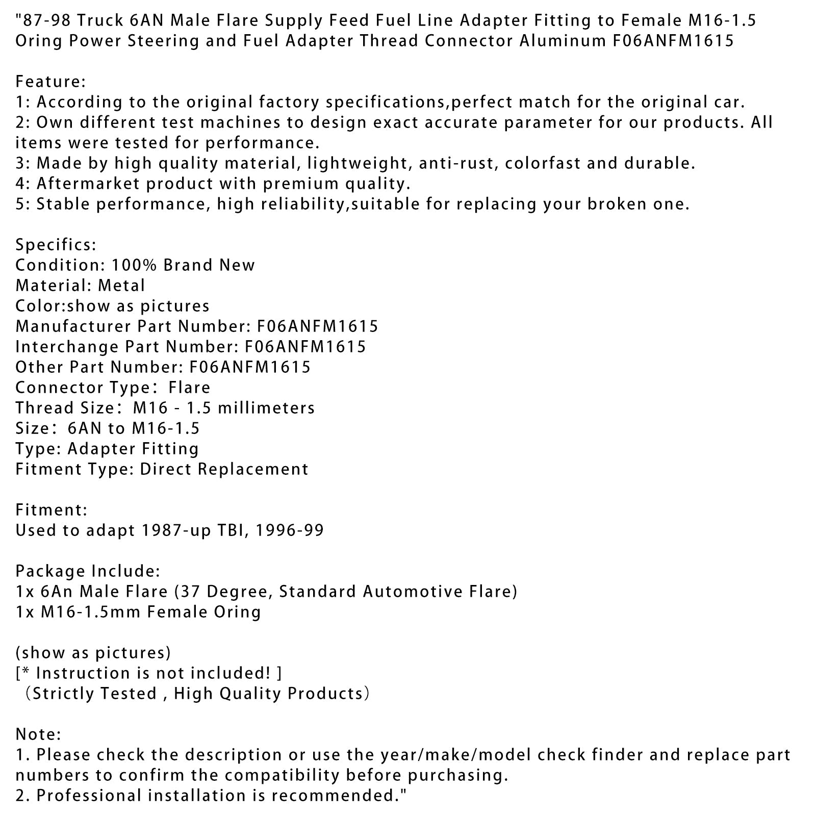 6AN Male Flare Supply Feed Fuel Line Adapter Fitting to Female M16-1.5