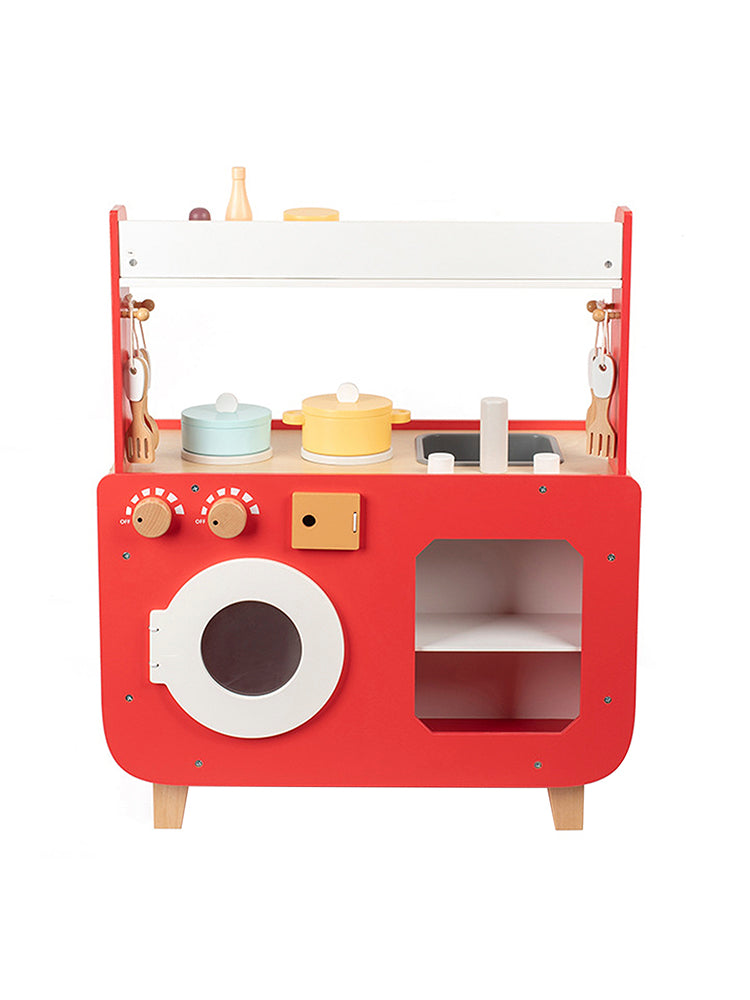 Red Play Kitchen Set Toy With Washing Machine And Oven Gift For Kid Age 3+