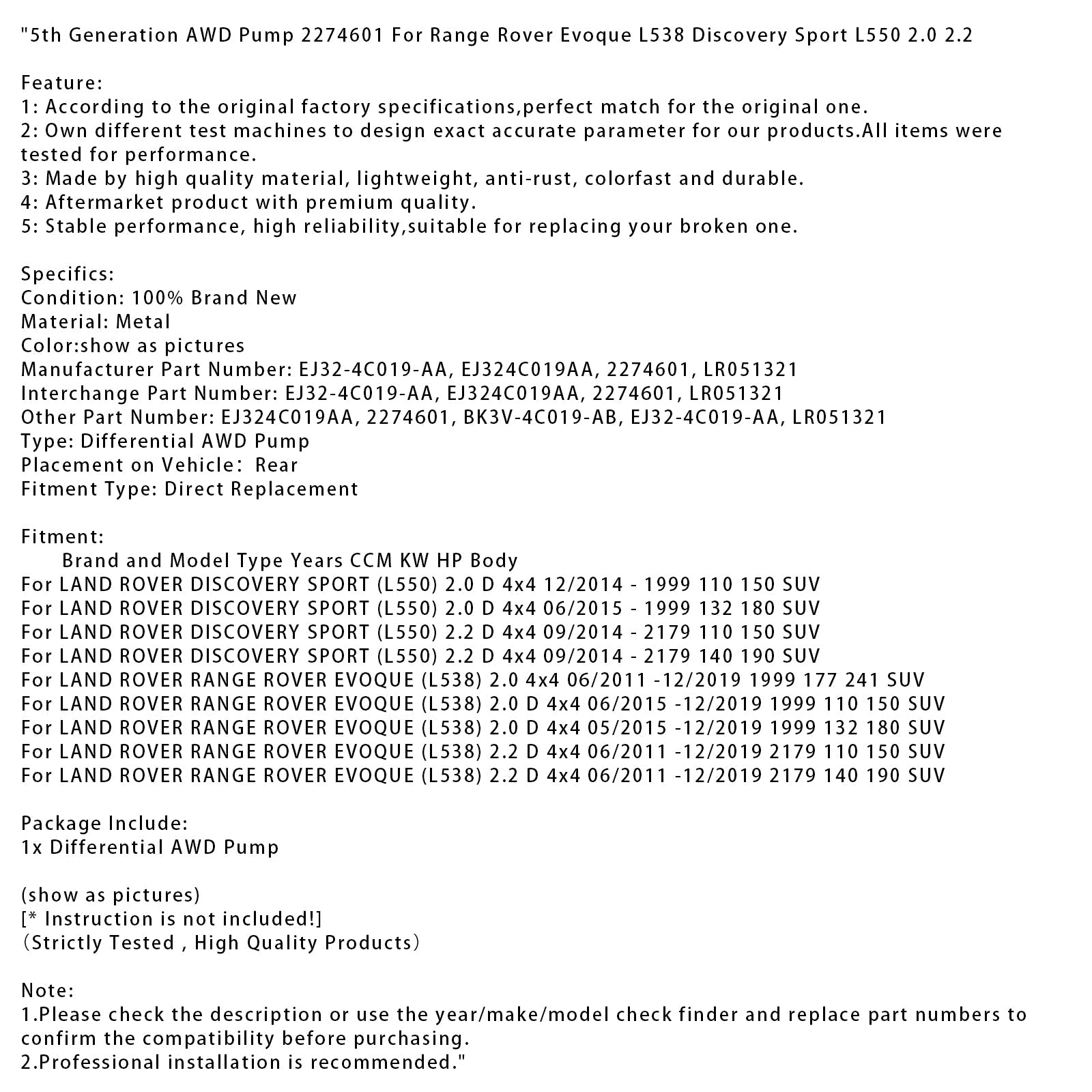 5th Generation AWD Pump 2274601 For Range Rover Evoque L538 Discovery Sport