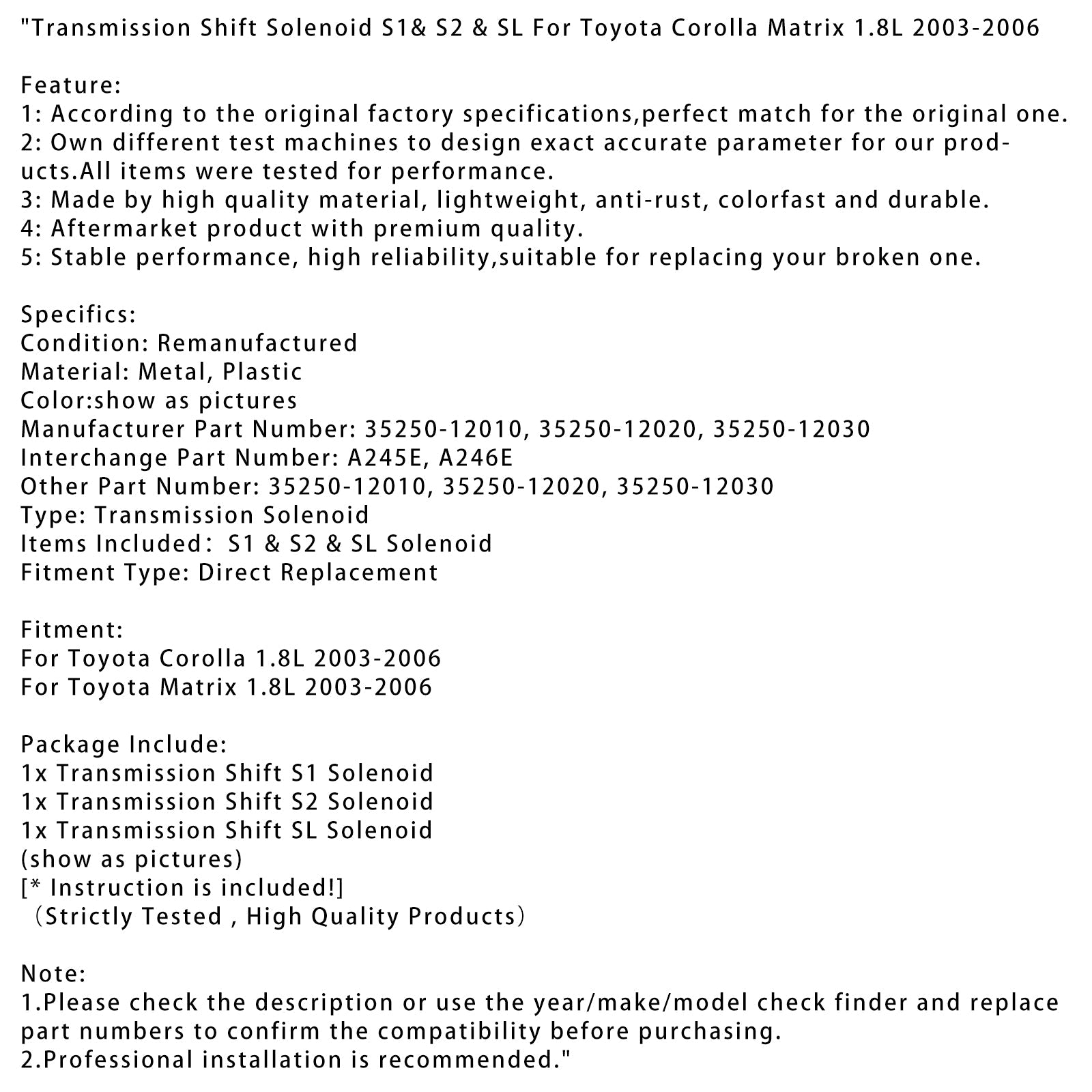 Transmission Shift Solenoid S1&S2&SL For Toyota Corolla Matrix 1.8L 2003-2006
