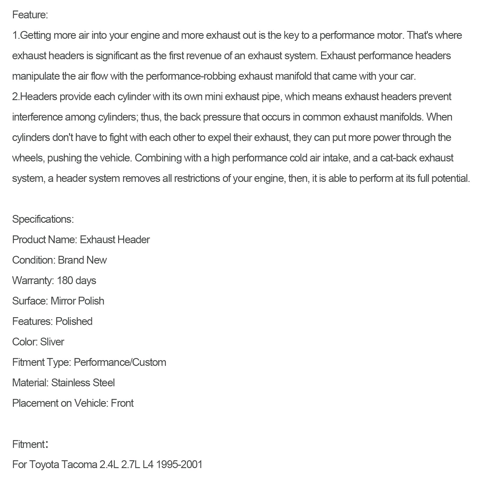 스테인레스 스틸 매니 폴드 헤더 맞춤 도요타 타코마 2.4L 2.7L L4 1995-2001