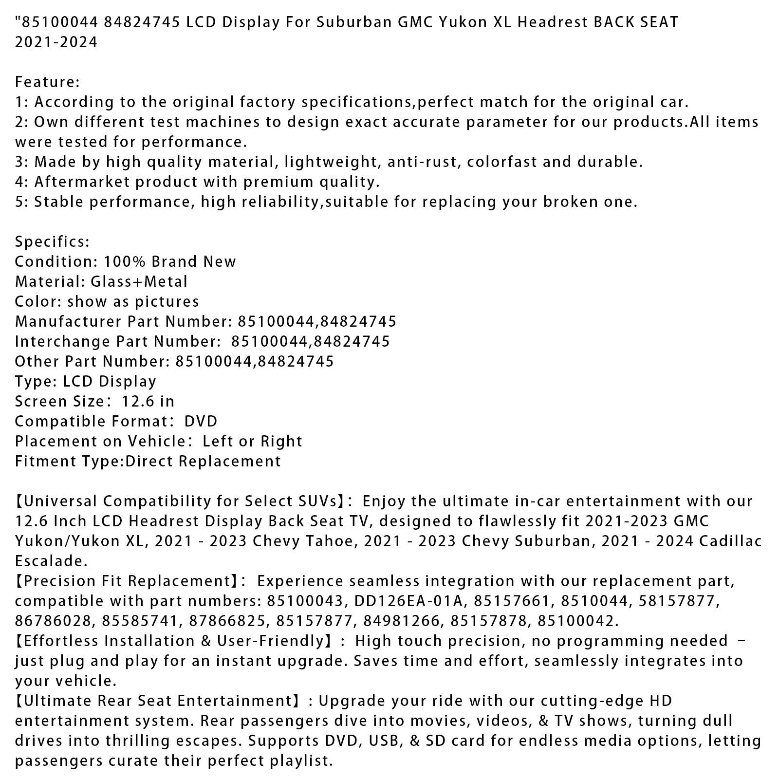 2021- 2023 CHEVY Suburban LCD Display 85100044 84824745 DD126EA-01A