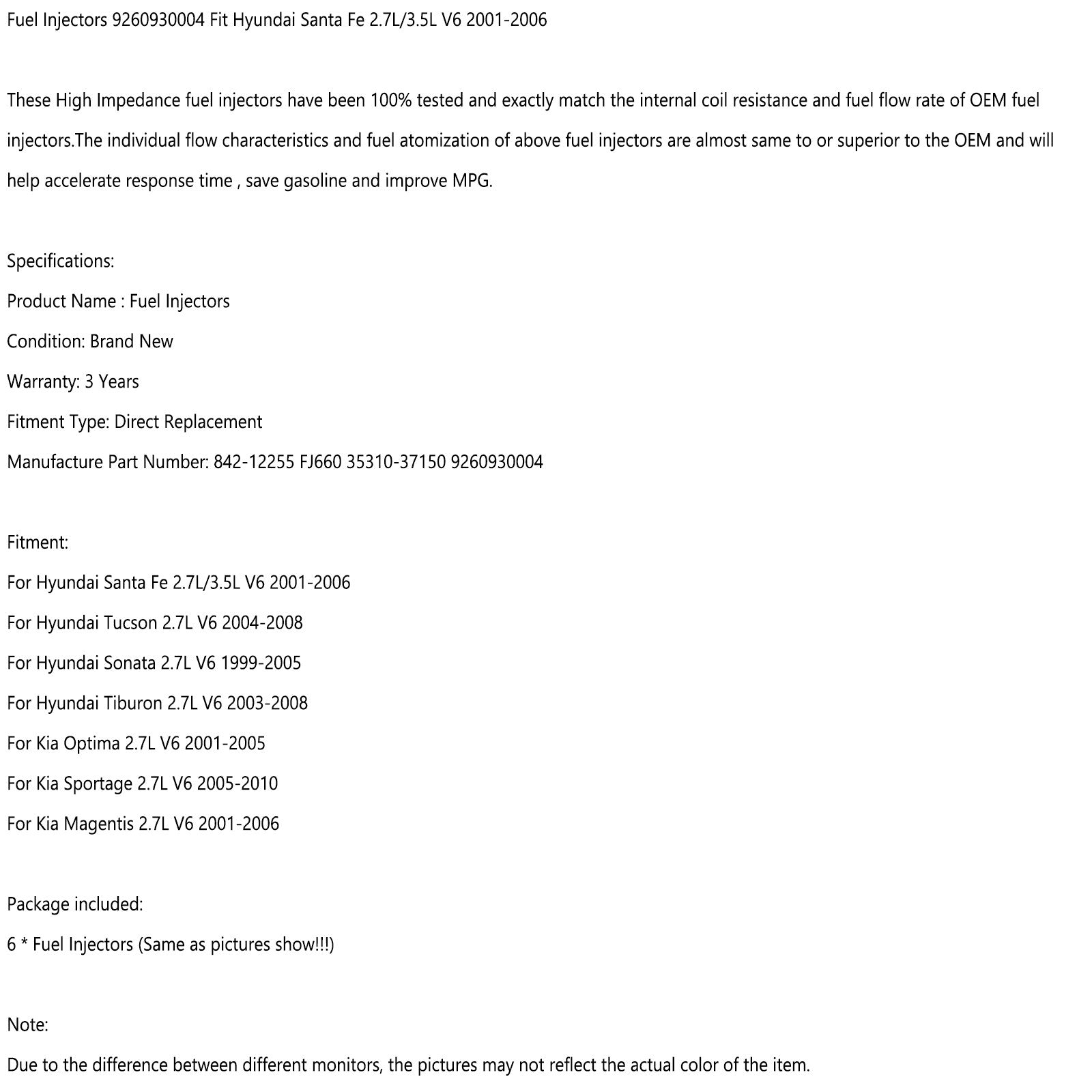 6pcs Fuel Injectors 9260930004 Fit Hyundai Santa Fe 2.7L/3.5L V6 2001-2006