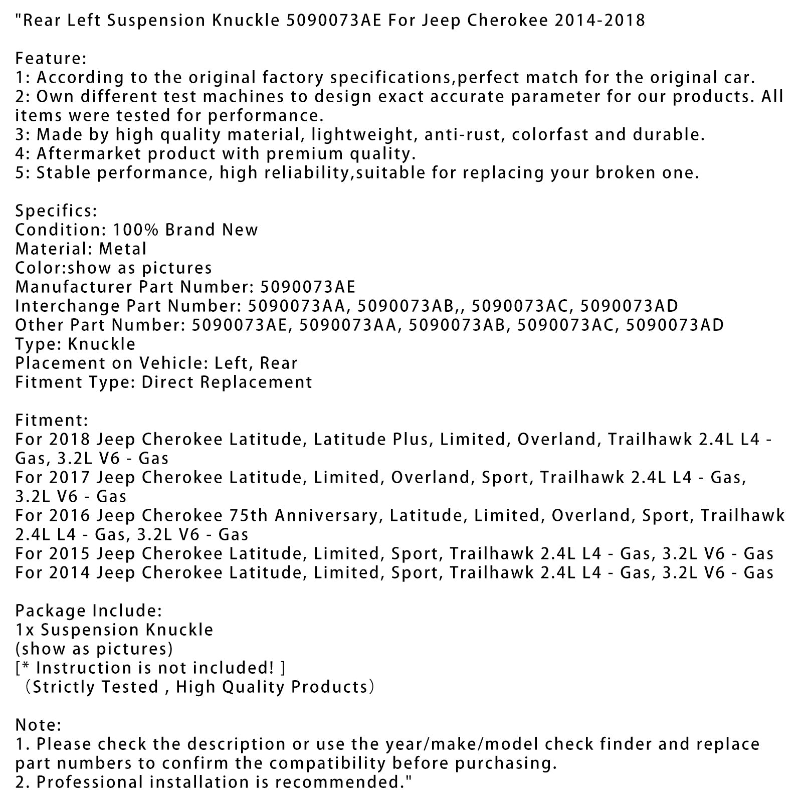 Rear Left Suspension Knuckle 5090073AE For Jeep Cherokee 2014-2018