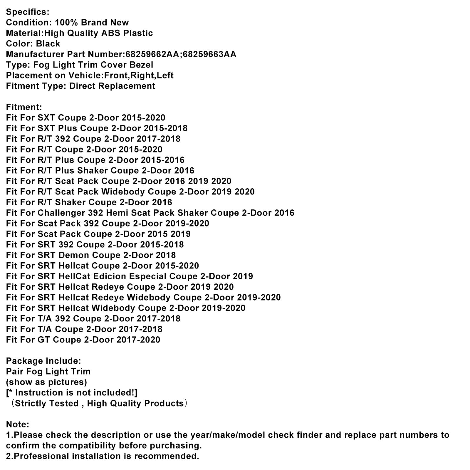 Pair Front Fog Light Trim For Dodge Challenger 2015-2021 68259662AA