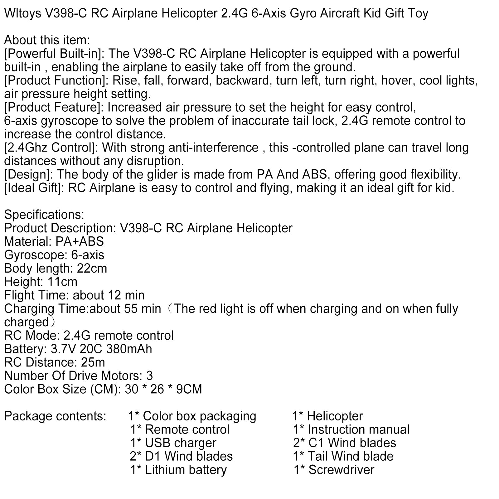 Wltoys V398-C RC Airplane Helicopter 2.4G 6-Axis Gyro Aircraft Kid Gift Toy