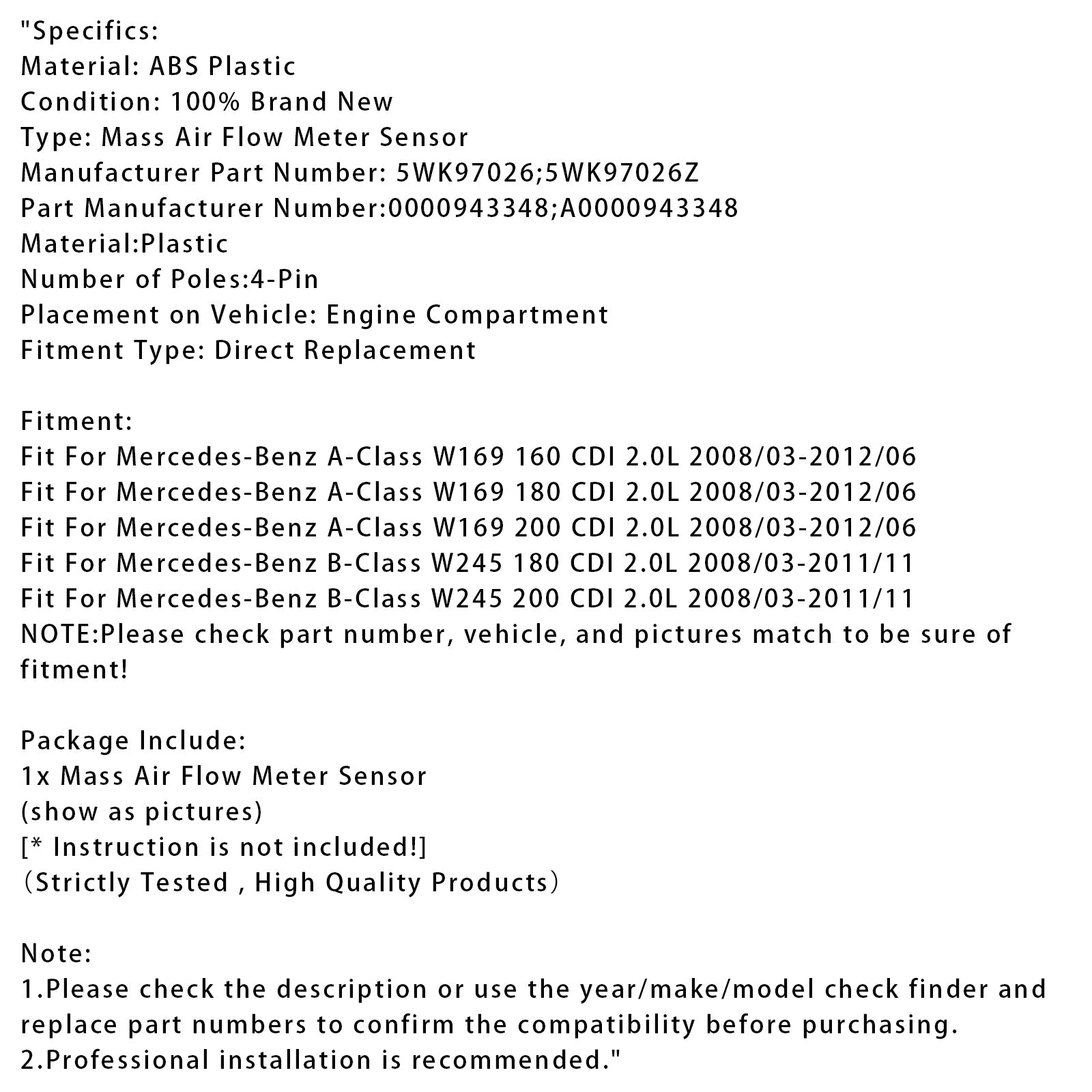 Mass Air Flow Meter Sensor For Mercedes-Benz A B W245 W169 5WK97026