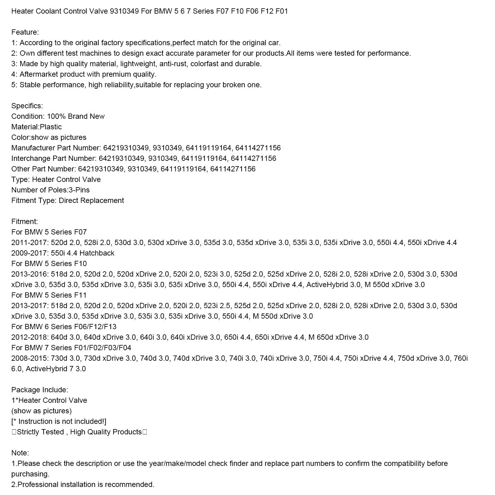 Heater Coolant Control Valve 64114271156 For BMW 5 6 7 Series F07 F10 F06