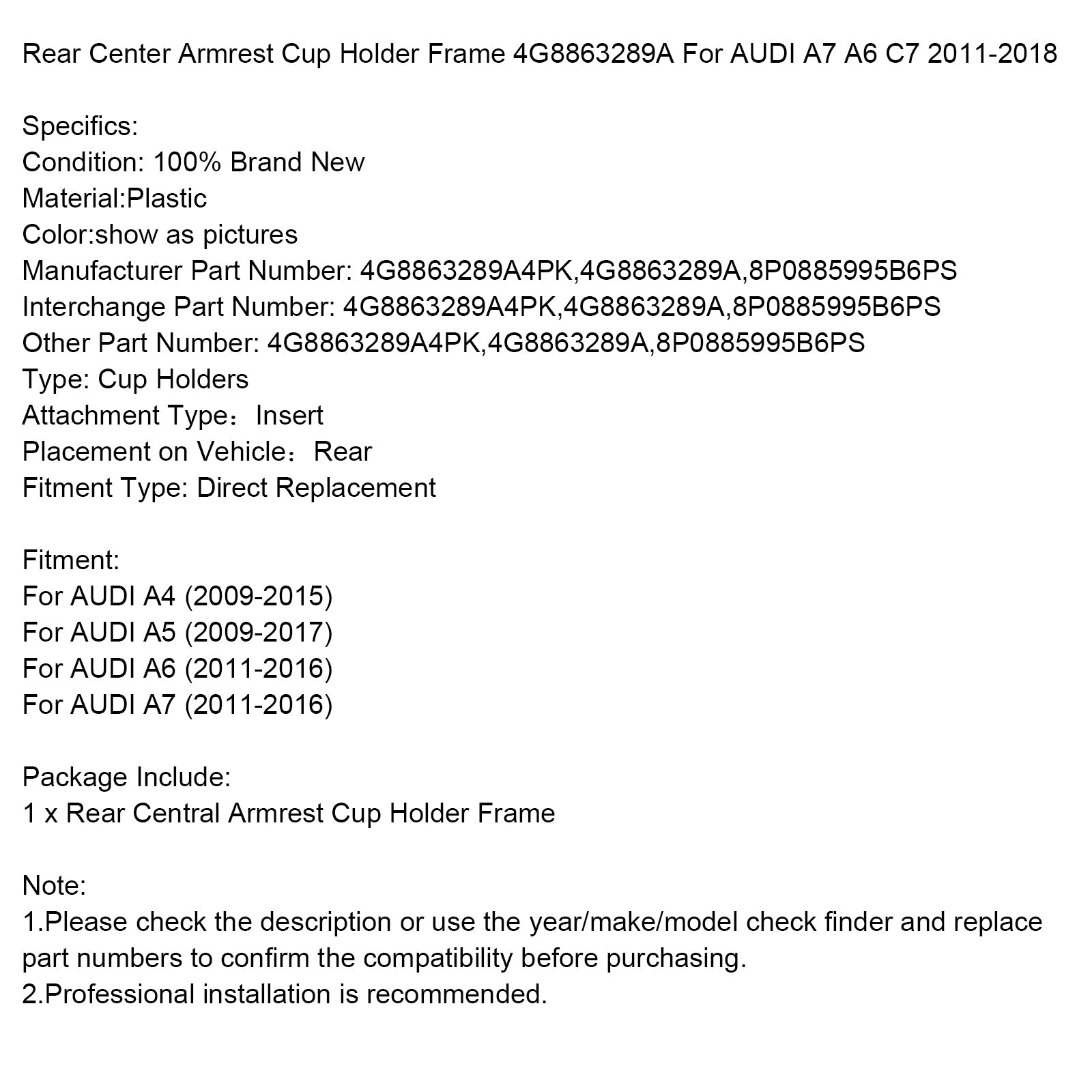 Rear Center Armrest Cup Holder Frame 4G8863289A For AUDI A7 A6 C7 2011-2018
