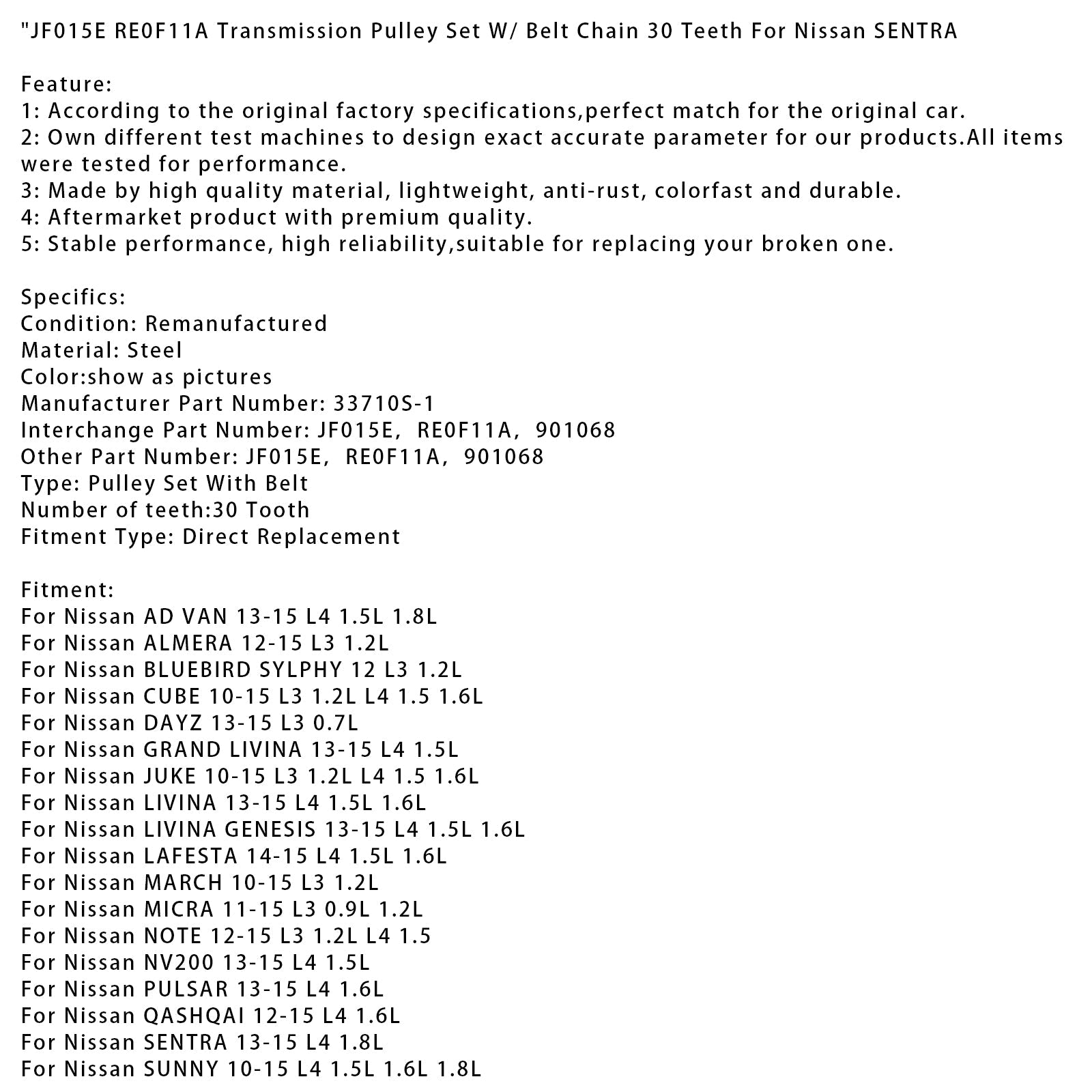2013 MITSUBISHI B-SEDAN L3 1.0L 1.2L Transmission Pulley Set W/ Belt Chain 30 Teeth JF015E RE0F11A