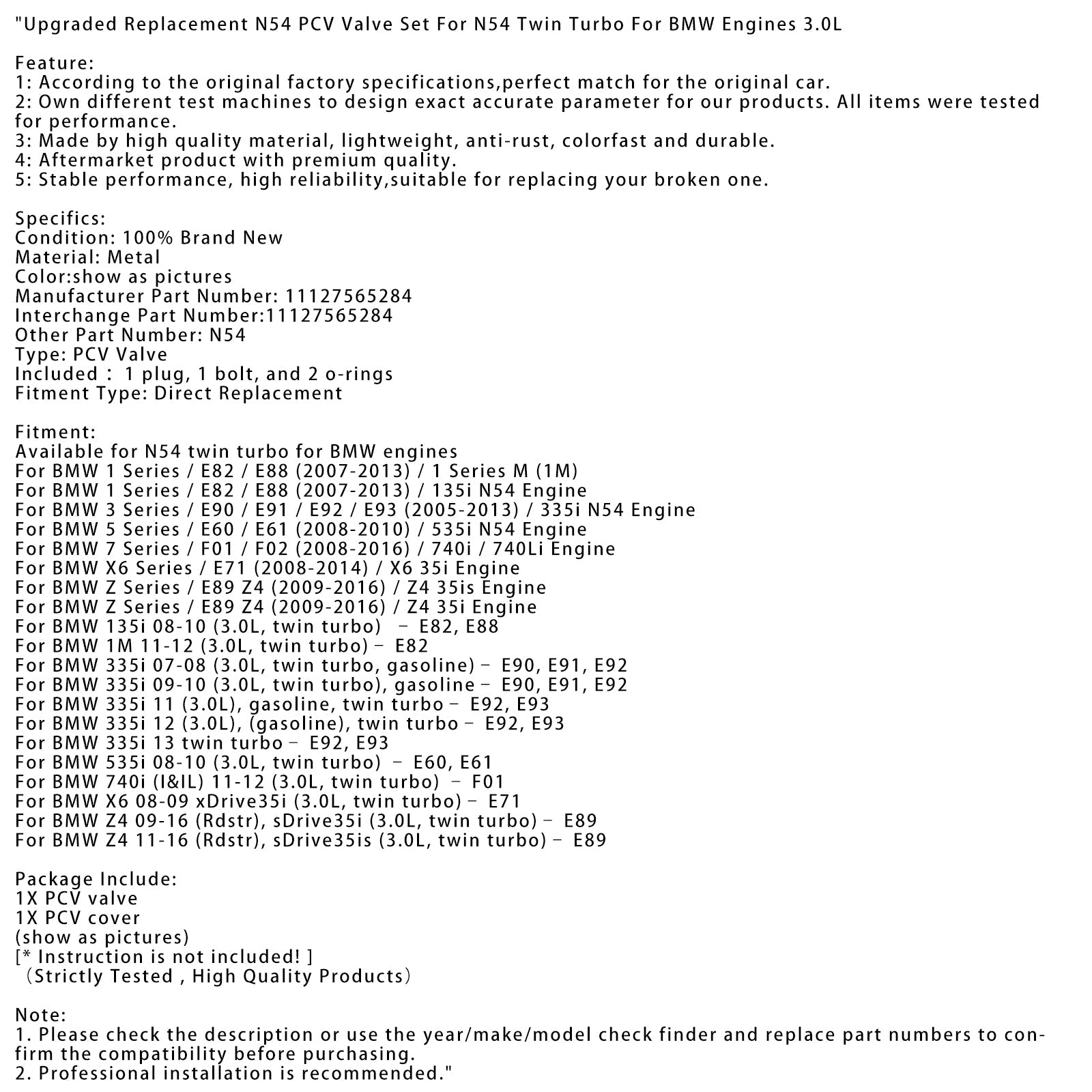 2009-2010 BMW 335i 3.0L, twin turbo gasoline?C E90, E91, E92 Upgraded Replacement N54 PCV Valve Set 11127565284