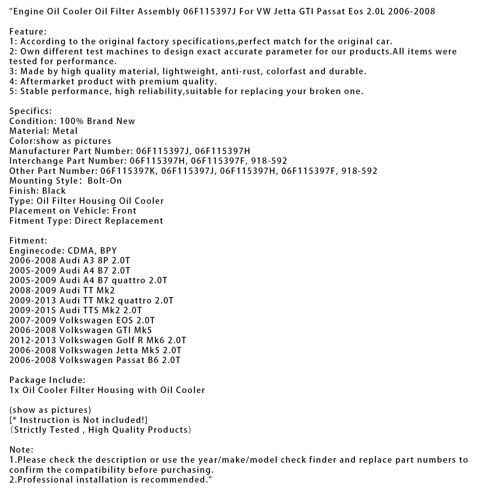 2009-2015 Audi TTS Mk2 2.0T Engine Oil Cooler Oil Filter Assembly 06F115397J 06F115397H
