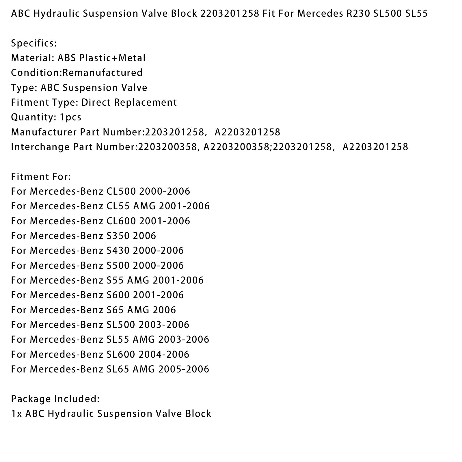2000-2006 Mercedes-Benz S430 ABC Hydraulic Suspension Valve Block 2203201258