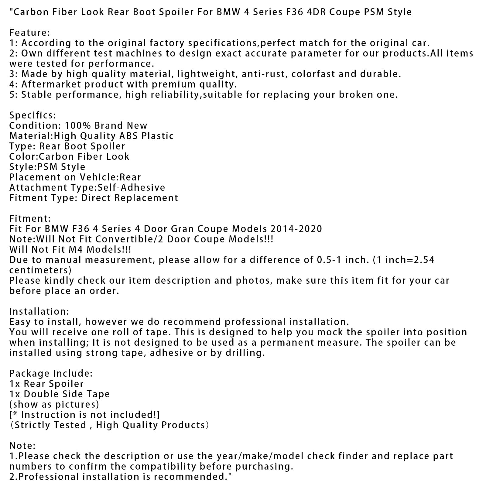 Carbon Fiber Look Rear Boot Spoiler For BMW 4 Series F36 4DR Coupe PSM Style