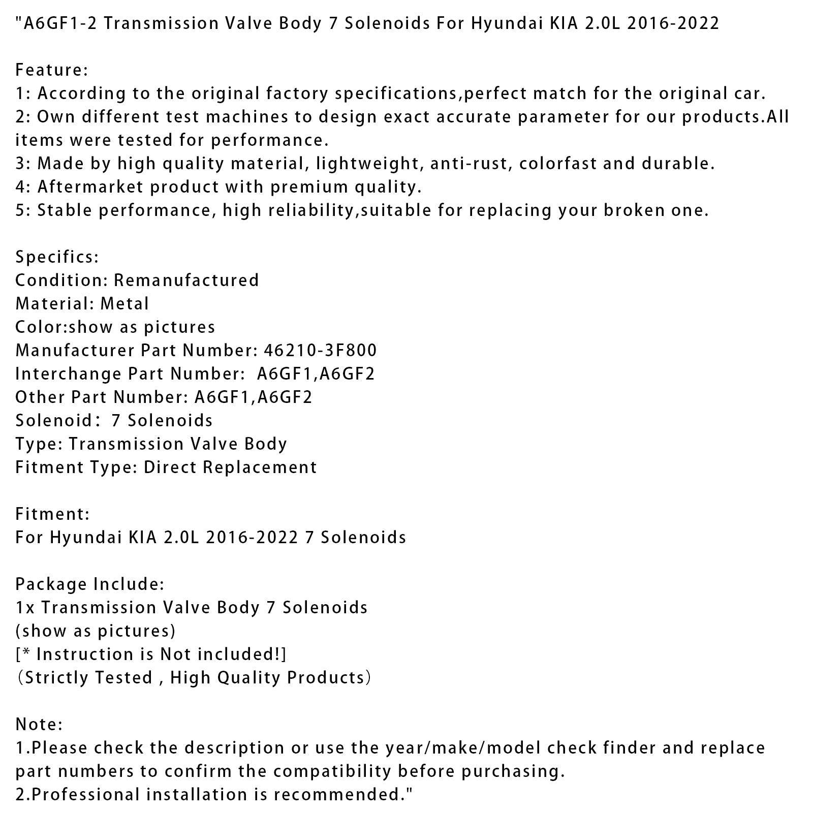 2016-2022 Hyundai KIA 2.0L A6GF1-2 Transmission Valve Body 7 Solenoids