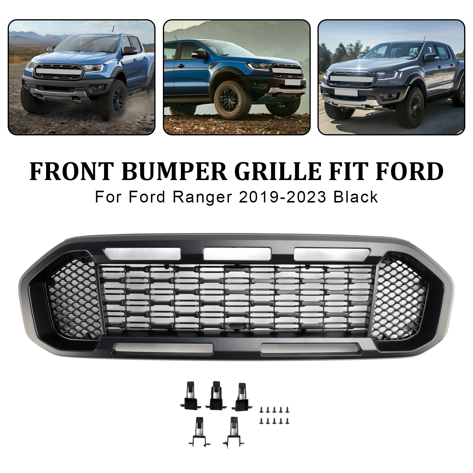 Black Front Bumper Grill Grille Fit Ford Ranger T8 2019-2023 W/LED Light