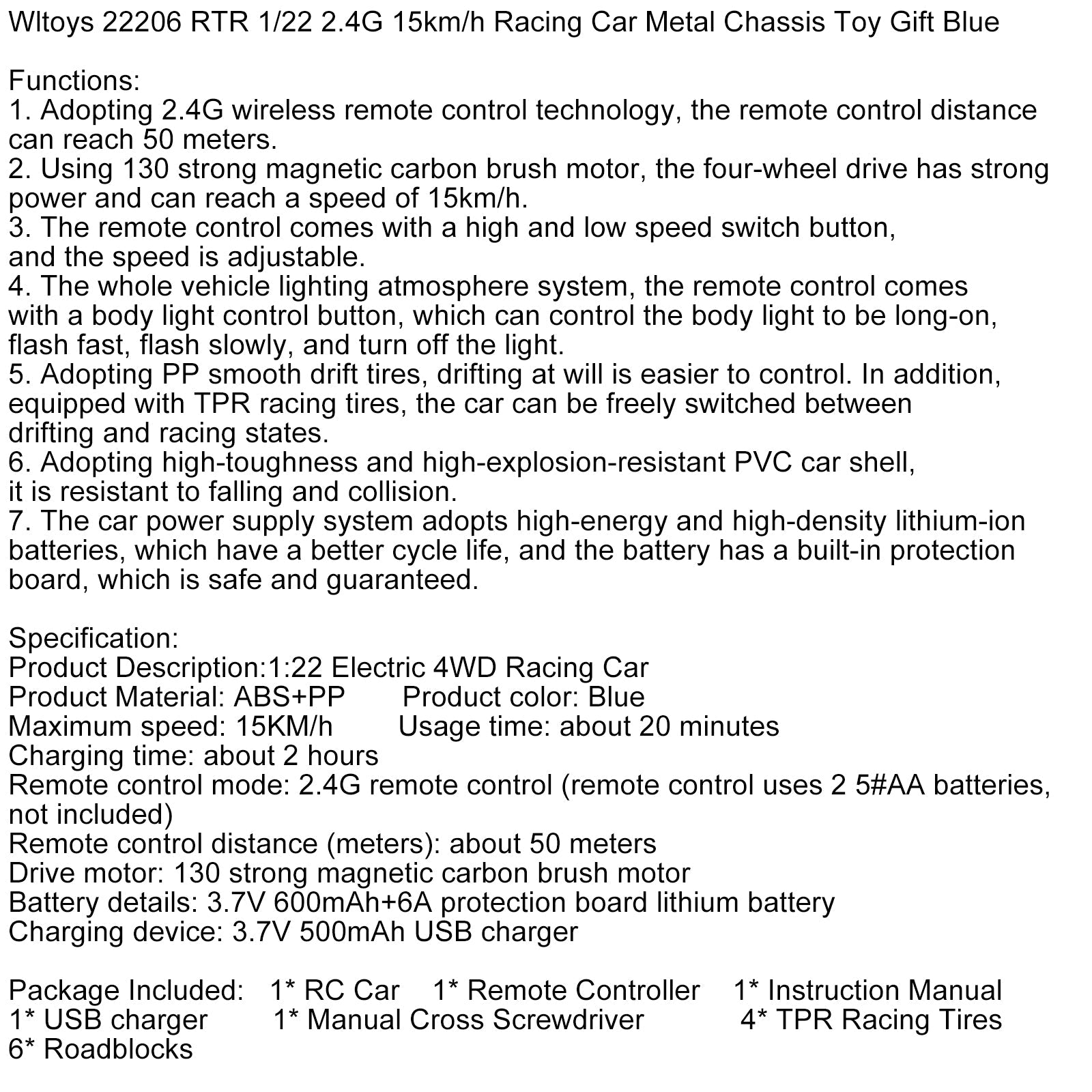 Wltoys 22206 RTR 1/22 2.4G 15km/h Racing Car Metal Chassis Toy Gift Blue