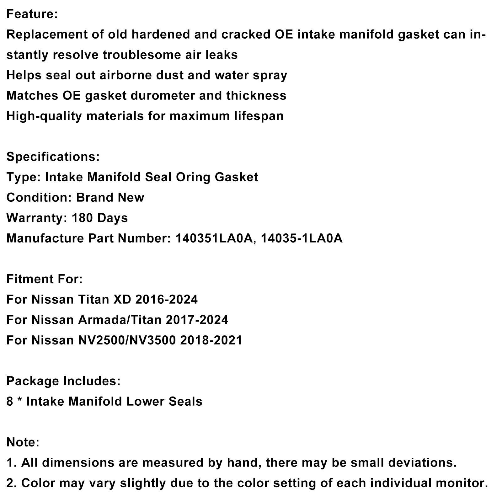 2016-2024 Nissan Titan XD 8PCS Intake Manifold Gasket 140351LA0A